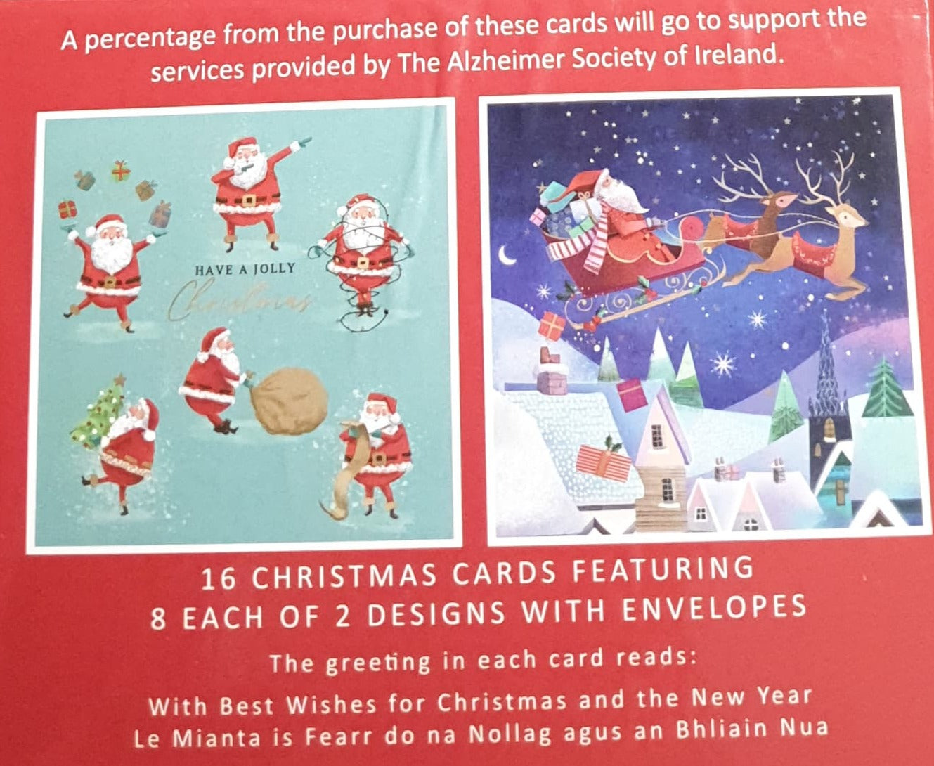Charity Christmas Card (In Irish & English) - Box of 16 / Alzheimer Society of Ireland - Santas Carrying Gifts, Tree & Lights