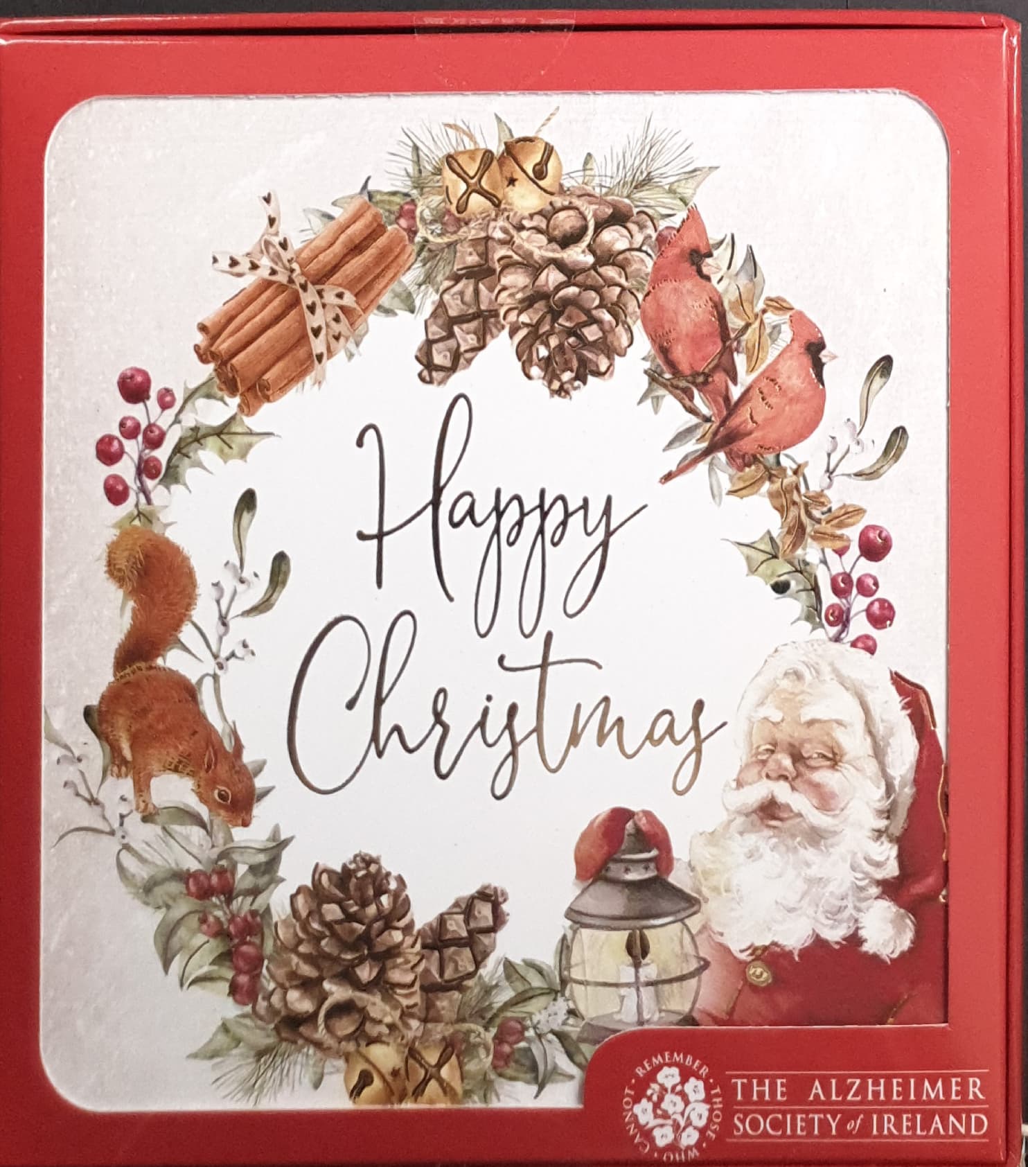 Charity Christmas Card (In Irish & English) - Box of 16 / Alzheimer Society of Ireland - Wreath Made with Pine Cones & Squirrel