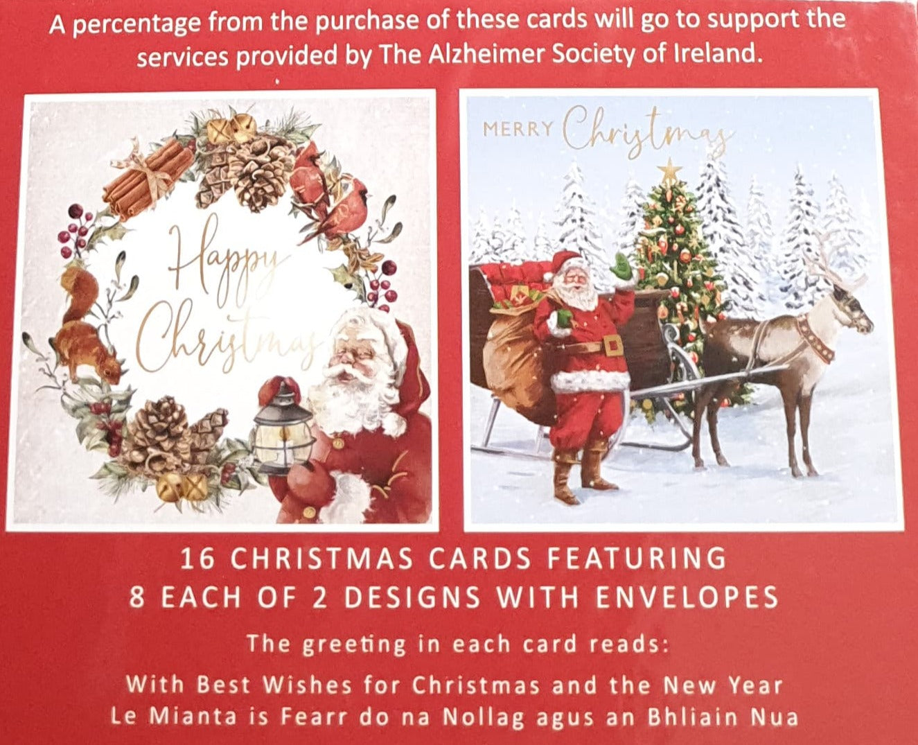 Charity Christmas Card (In Irish & English) - Box of 16 / Alzheimer Society of Ireland - Wreath Made with Pine Cones & Squirrel