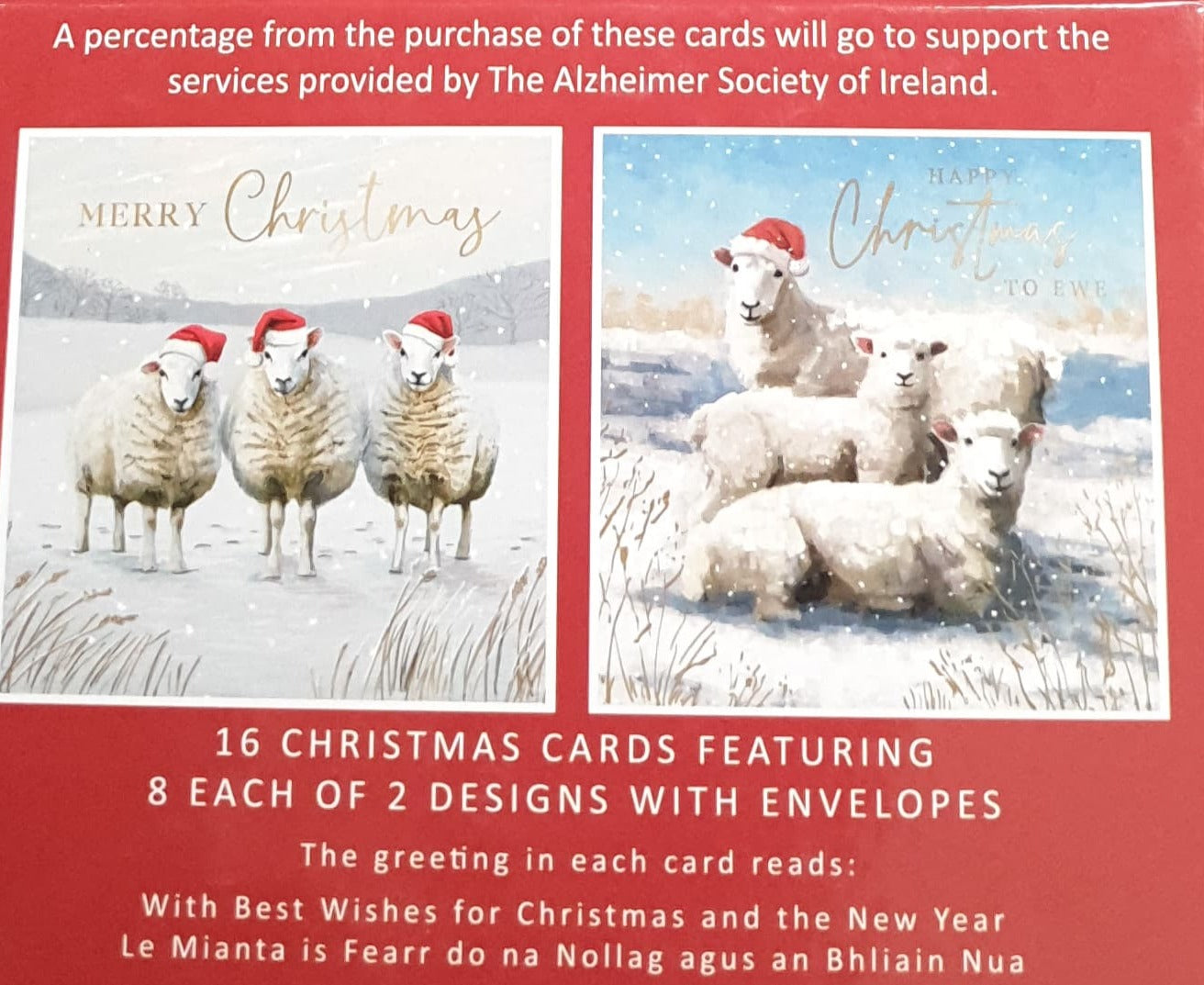 Charity Christmas Card (In Irish & English) - Box of 16 / Alzheimer Society of Ireland - Three Sheep Wearing Hats