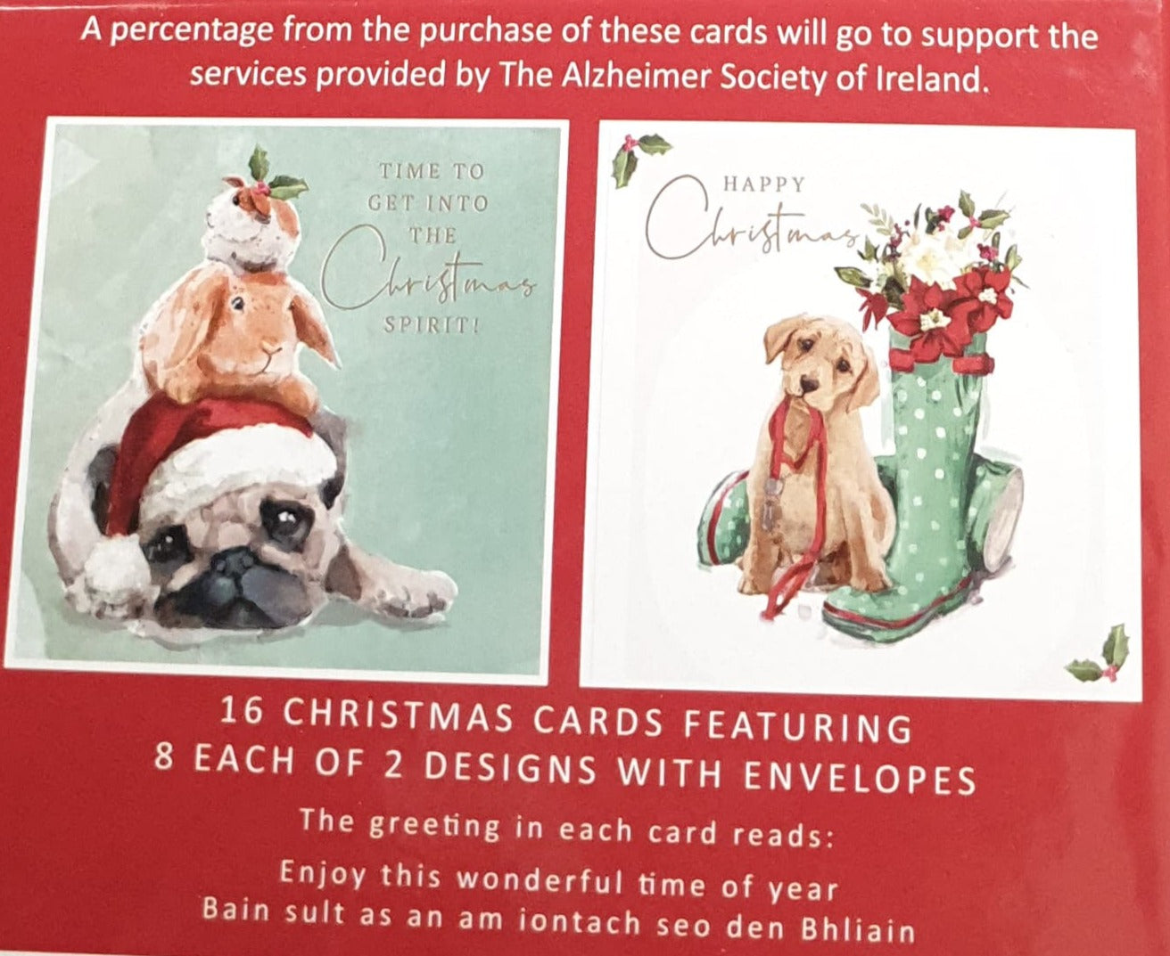 Charity Christmas Card (In Irish & English) - Box of 16 / Alzheimer Society of Ireland - Cute Pug, Rabbit & Guinea Pig