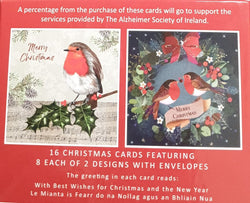 Charity Christmas Card (In Irish & English) - Box of 16 / Alzheimer Society of Ireland - Robin Perched on Holly Branch