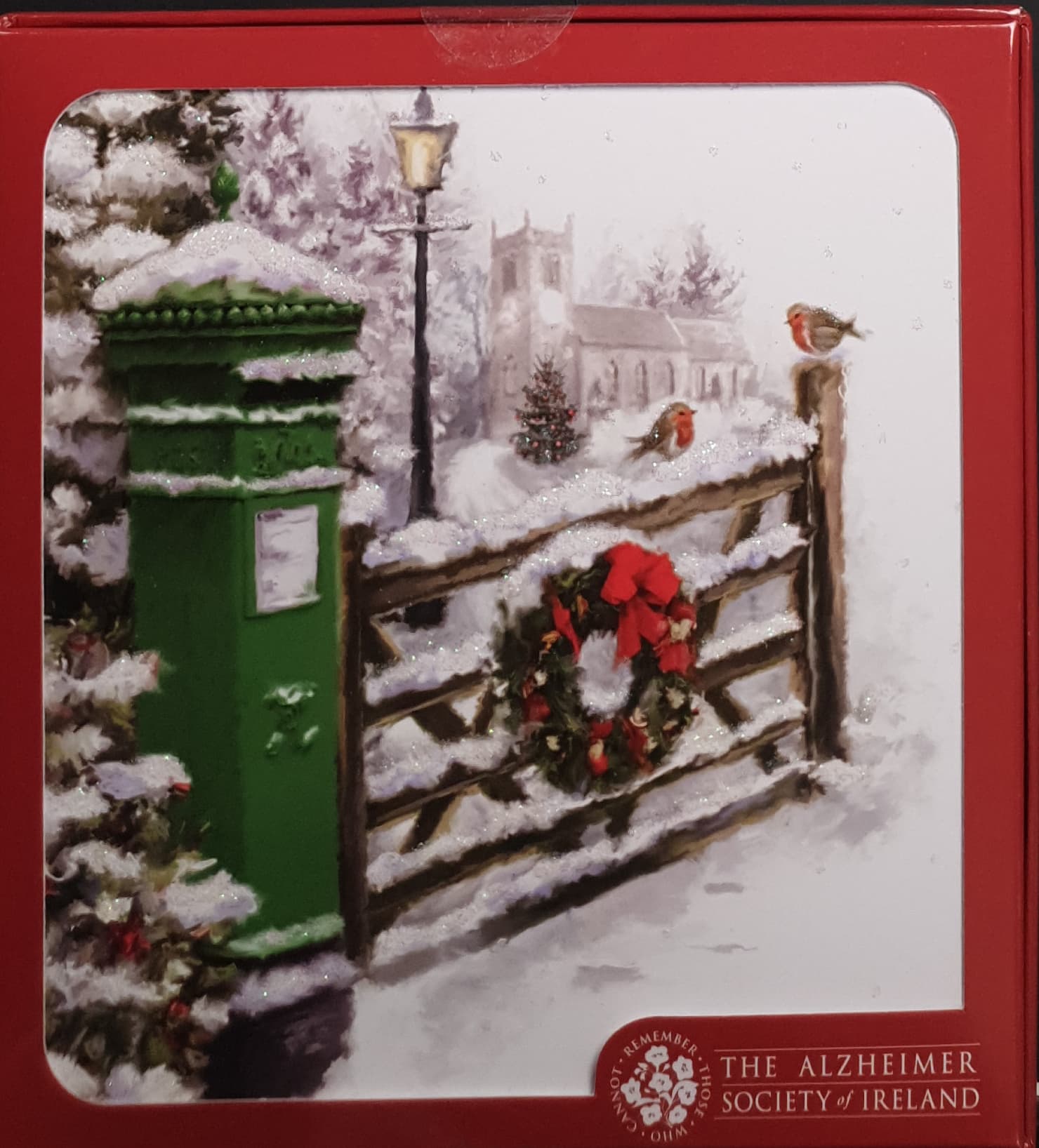 Charity Christmas Card (In Irish & English) - Box of 16 / Alzheimer Society of Ireland - Post Box & Snowy Gate