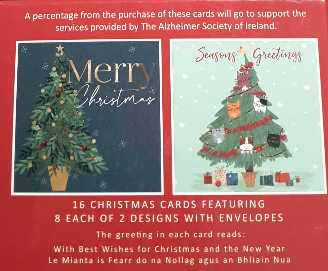 Charity Christmas Card (In Irish & English) - Box of 16 / Alzheimer Society of Ireland - Christmas Tree & Blue Background