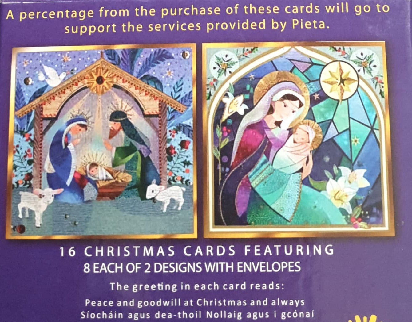 Charity Christmas Card (In Irish & English) - Box of 16 / Pieta - Joseph & Mary & Baby Jesus