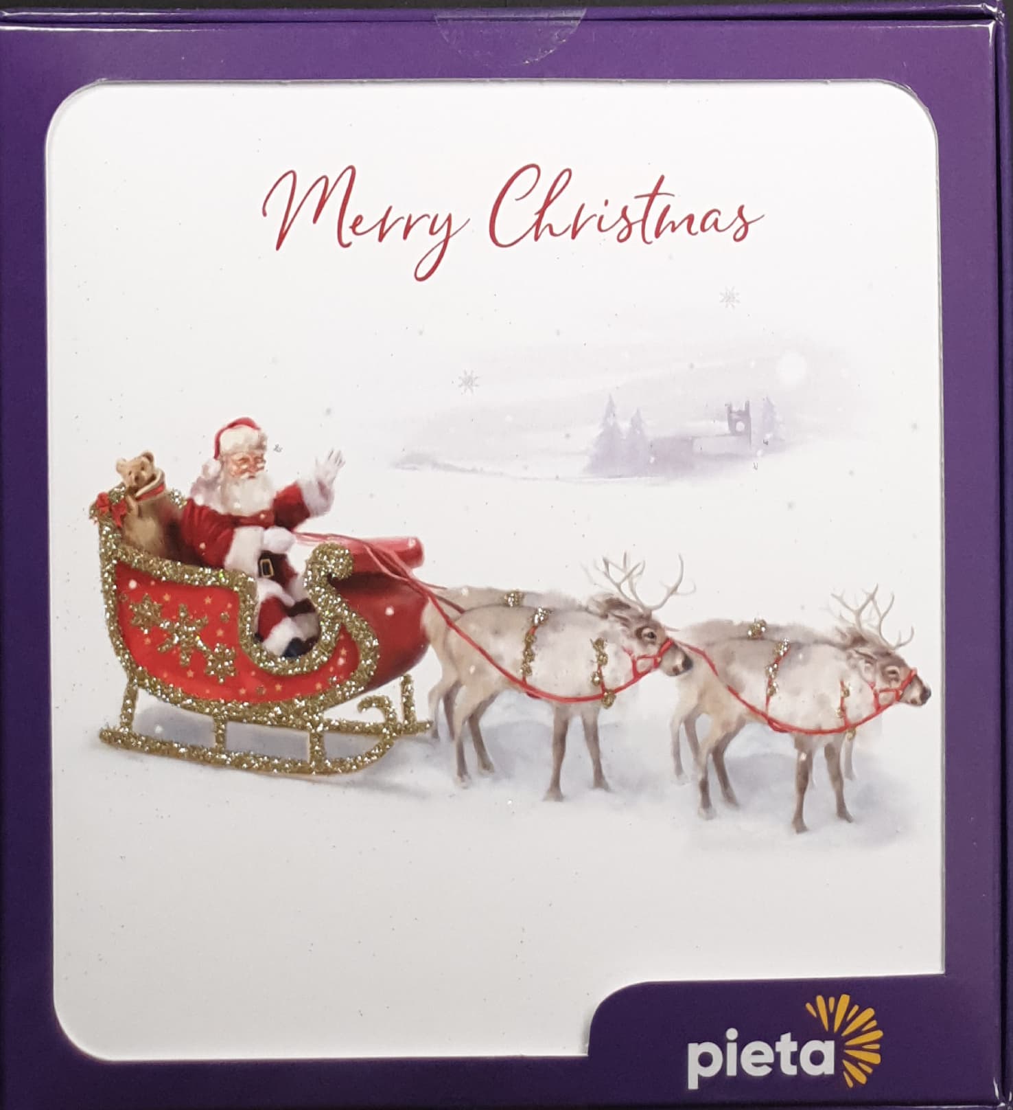 Charity Christmas Card (In Irish & English) - Box of 16 /Pieta - Reindeer Pulling Santa Sleigh