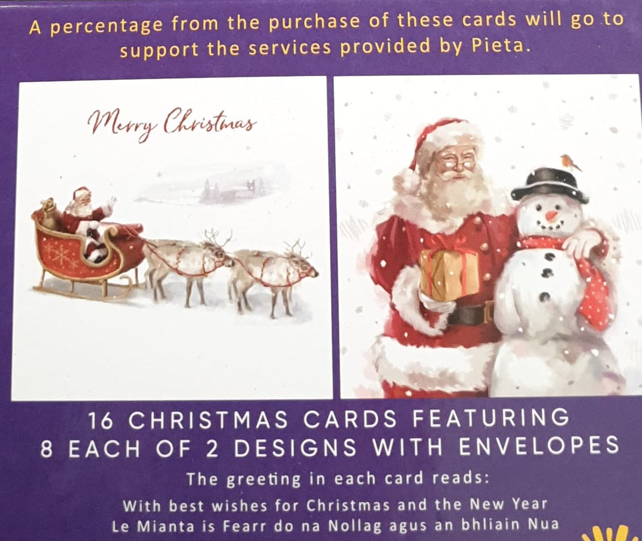 Charity Christmas Card (In Irish & English) - Box of 16 /Pieta - Reindeer Pulling Santa Sleigh