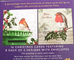Charity Christmas Card (In Irish & English) - Box of 16 / Pieta - Robin on Post Box & Holly