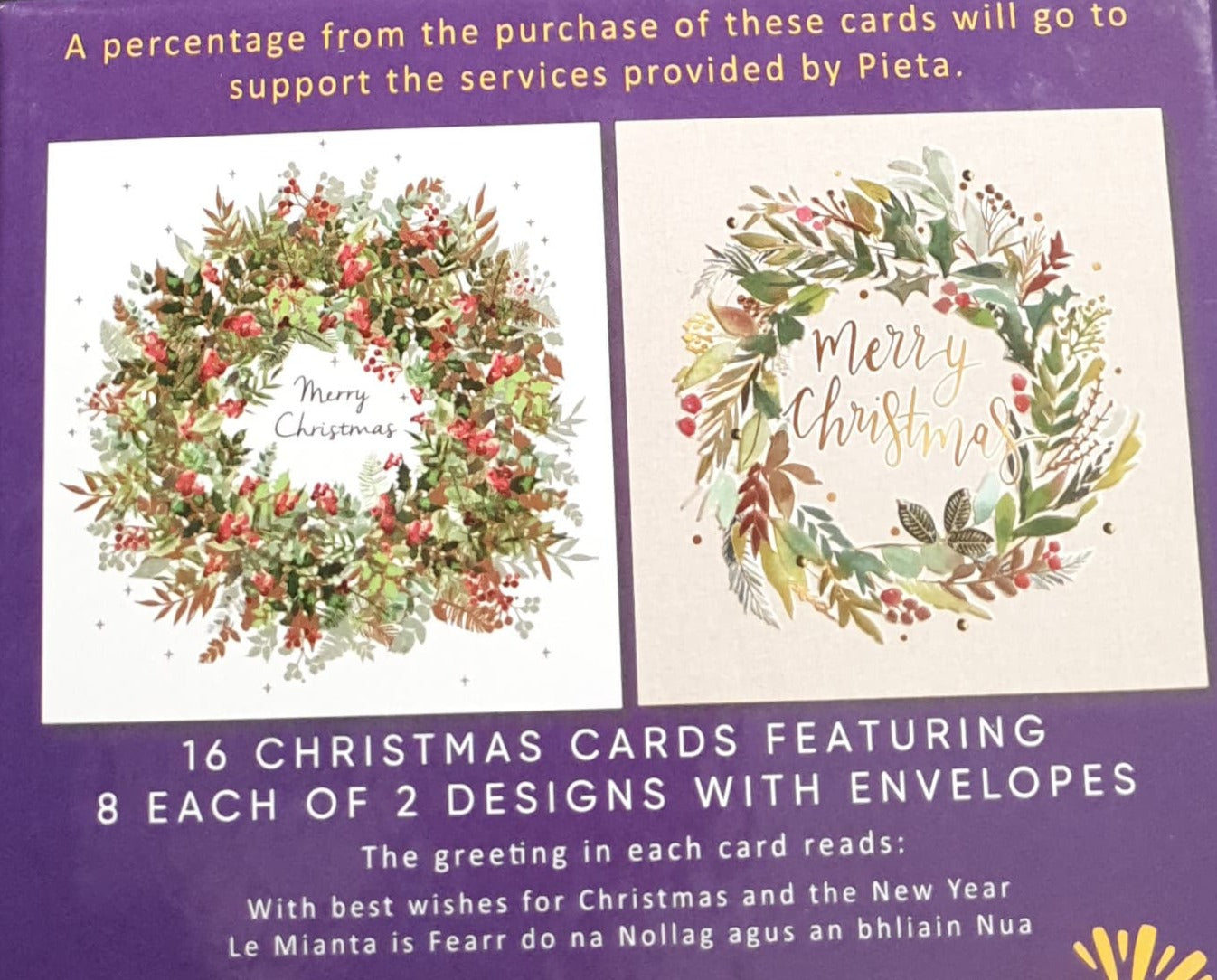 Charity Christmas Card (In Irish & English) - Box of 16 / Pieta - Christmas Wreath & Berries