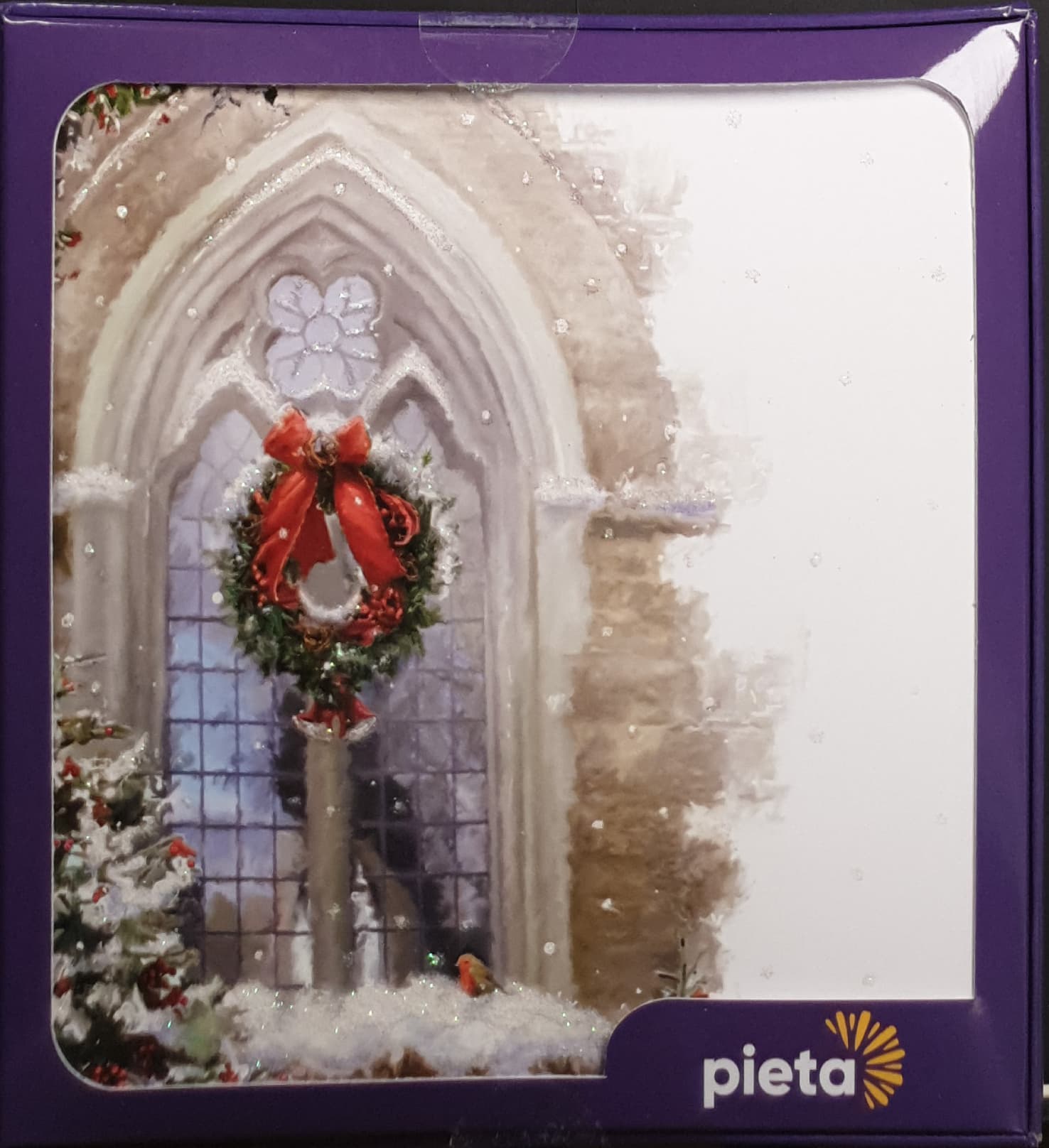 Charity Christmas Card (In Irish & English) - Box of 16 / Pieta - Christmas Wreath & Ribbon on Church Window