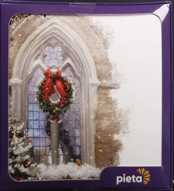 Charity Christmas Card (In Irish & English) - Box of 16 / Pieta - Christmas Wreath & Ribbon on Church Window
