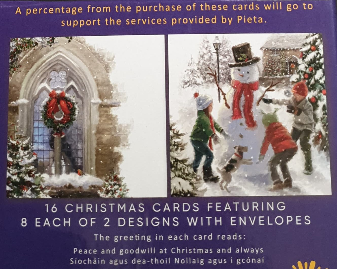 Charity Christmas Card (In Irish & English) - Box of 16 / Pieta - Christmas Wreath & Ribbon on Church Window