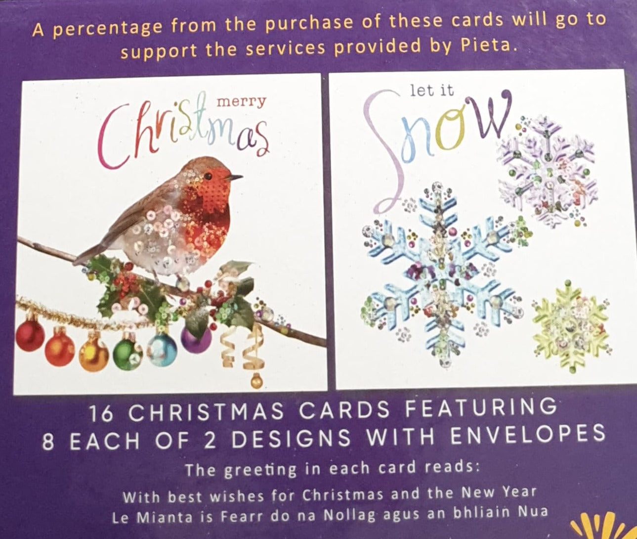 Charity Christmas Card (In Irish & English) - Box of 16 / Pieta - Sparkly Robin on Decorated Branch