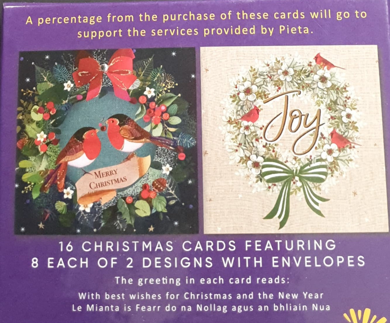 Charity Christmas Card (In Irish & English) - Box of 16 / Pieta - Two Robins Sharing Berry & Wreath