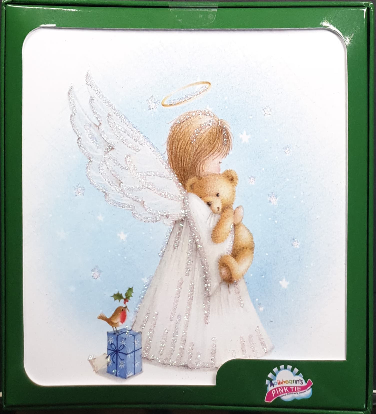 Charity Christmas Card (In Irish & English) - Box of 16 / Aoibheann's Pink Tie - Angel Holding Teddy Bear
