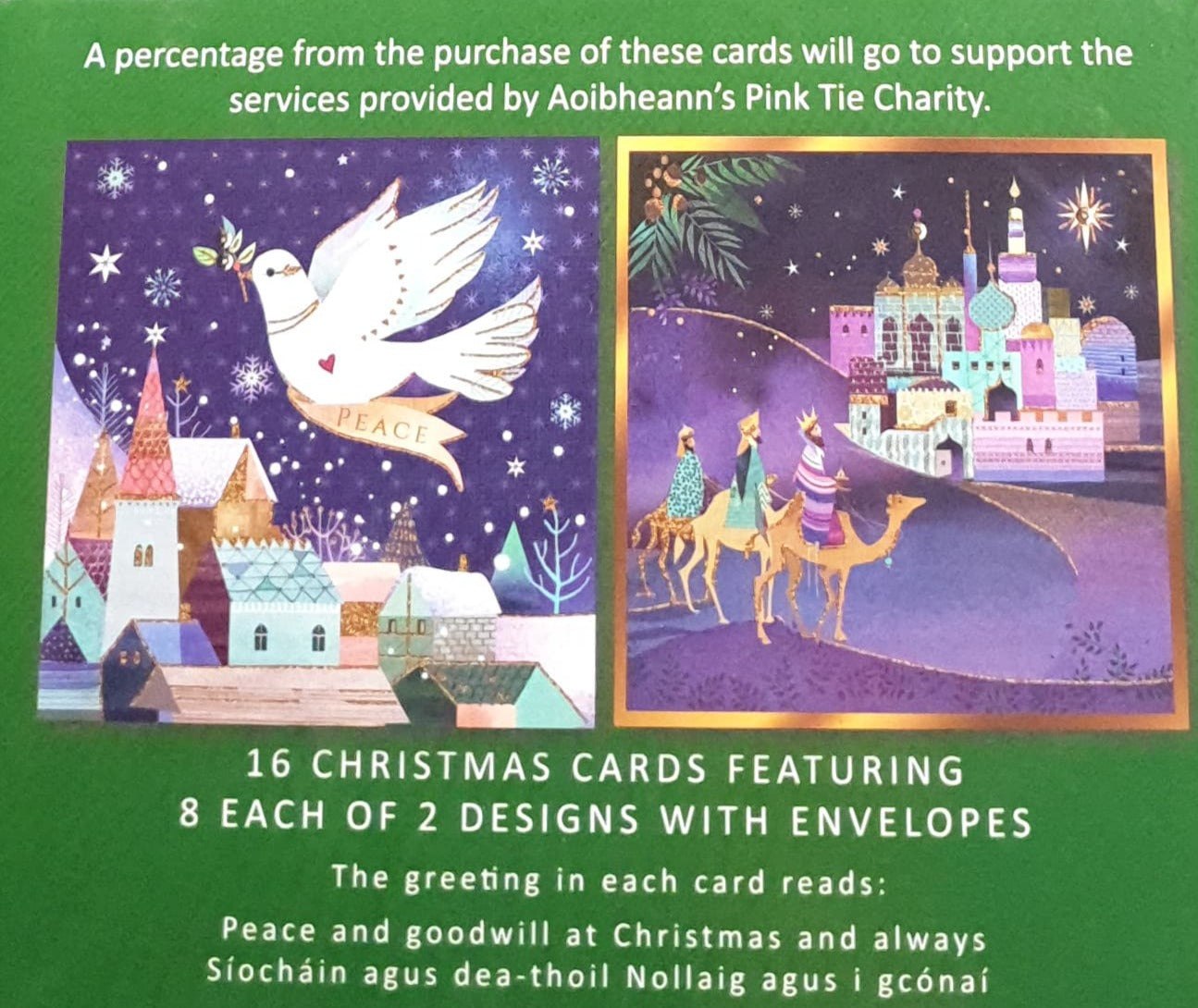 Charity Christmas Card (In Irish & English) - Box of 16 / Aoibheann's Pink Tie - Dove Flying over Houses
