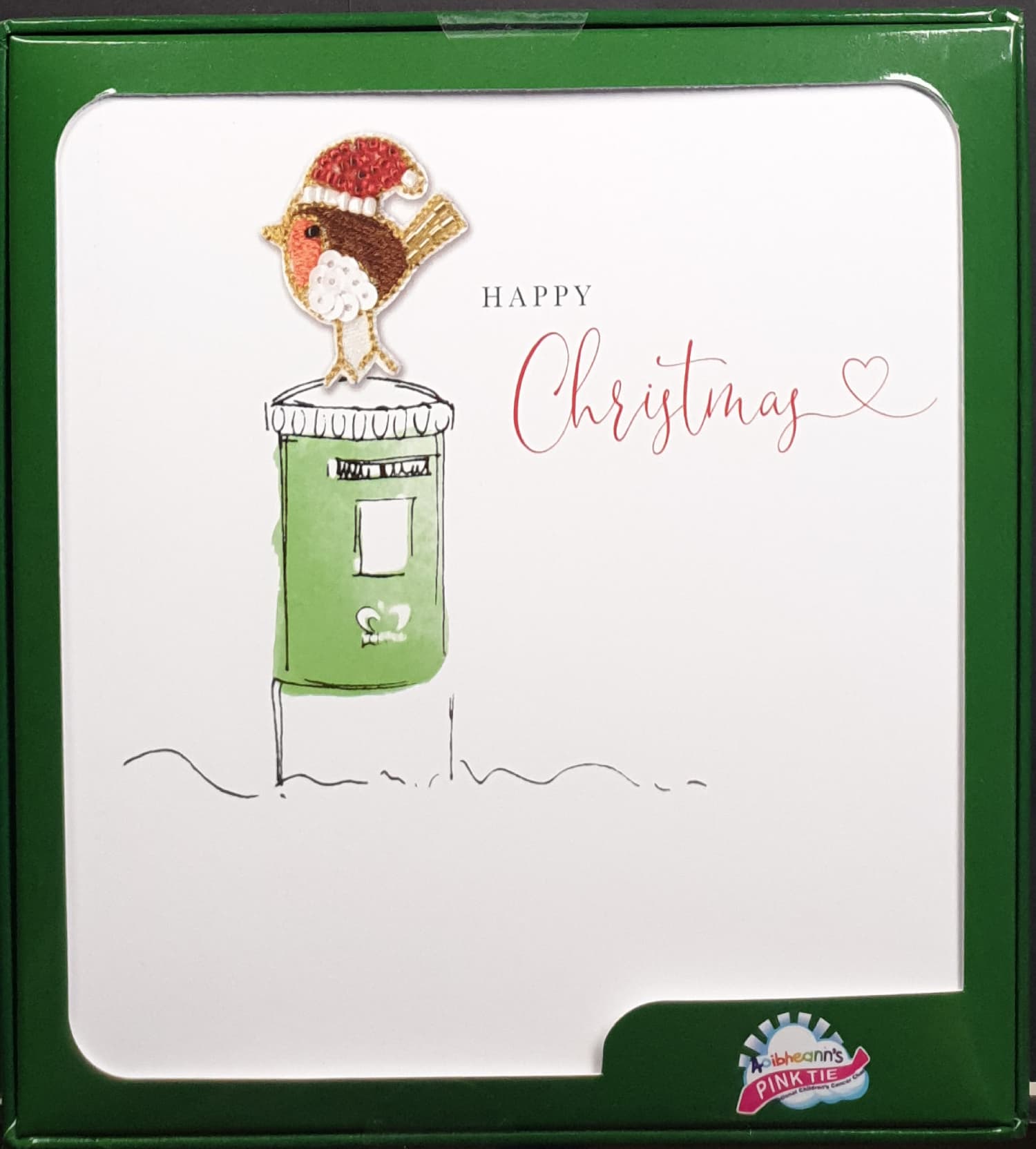Charity Christmas Card (In Irish & English) - Box of 16 / Aoibheann's Pink Tie - Cute Robin on Green Post Box