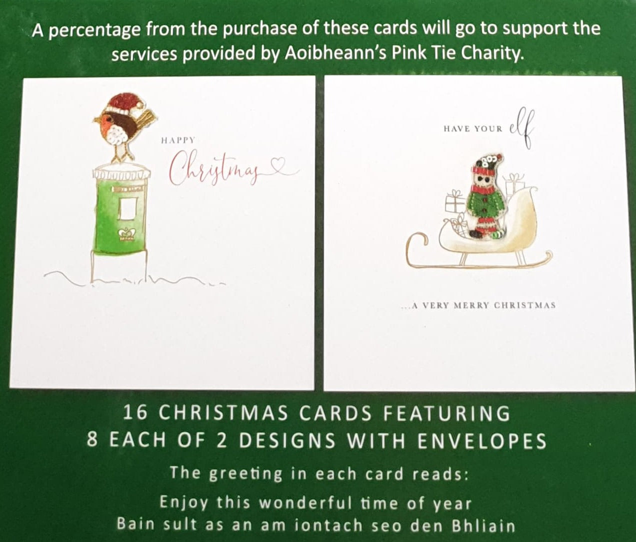 Charity Christmas Card (In Irish & English) - Box of 16 / Aoibheann's Pink Tie - Cute Robin on Green Post Box