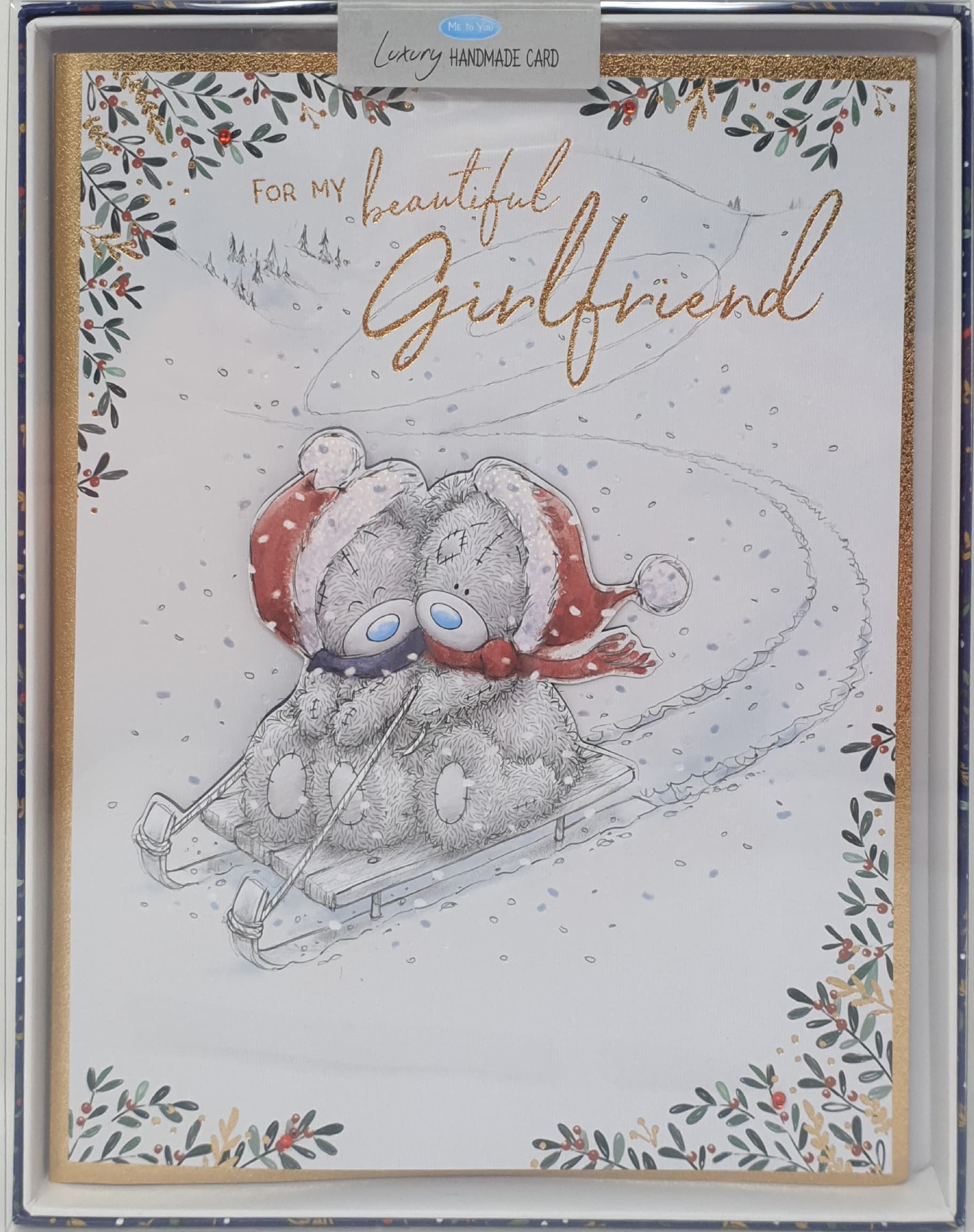 Girlfriend Christmas Card - Beautiful Girlfriend / Two Bears on Sled (Card In A Presentation Box)