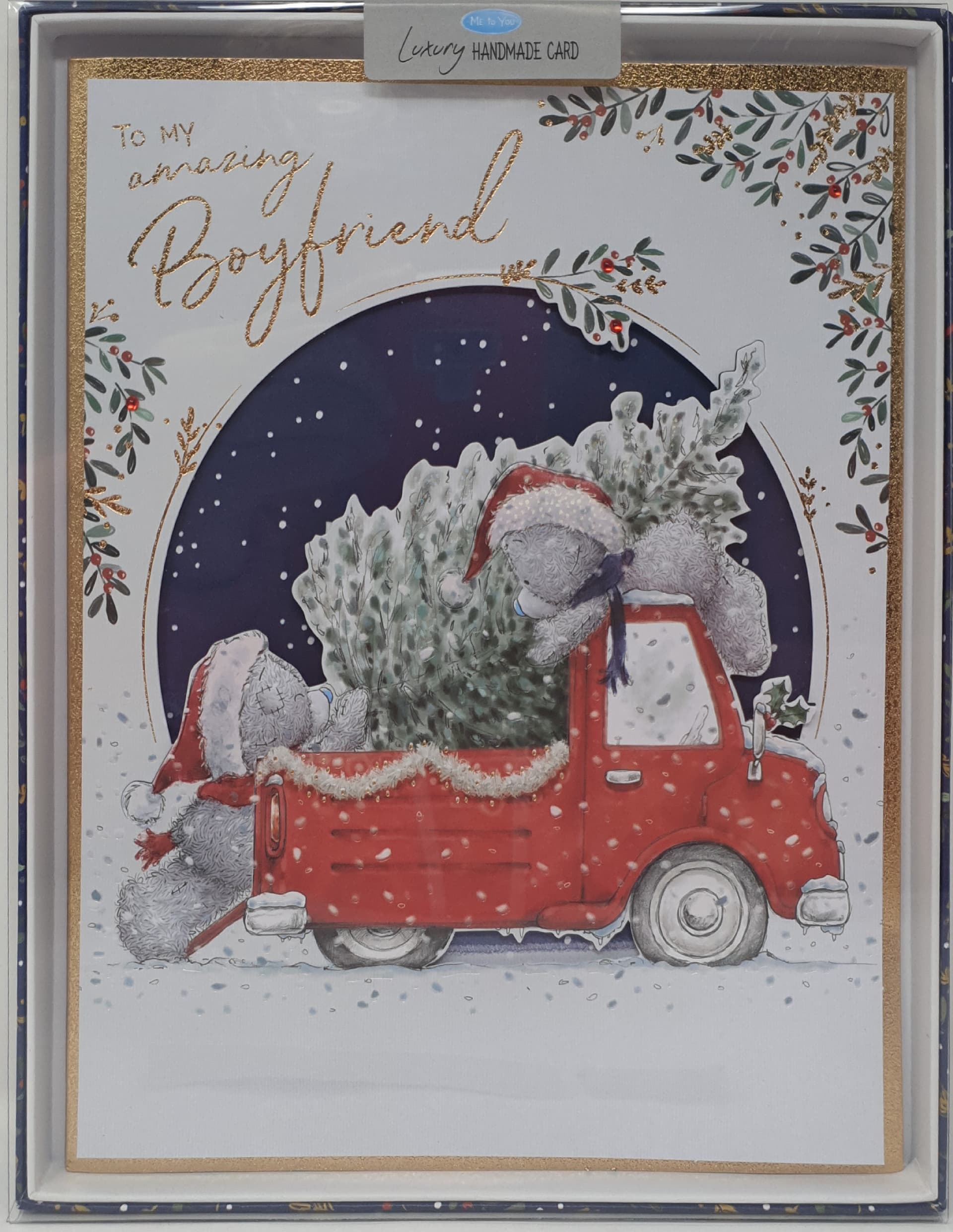 Boyfriend Christmas Card / Cute Bears Putting Tree on Trailer (Card In A Presentation Box)