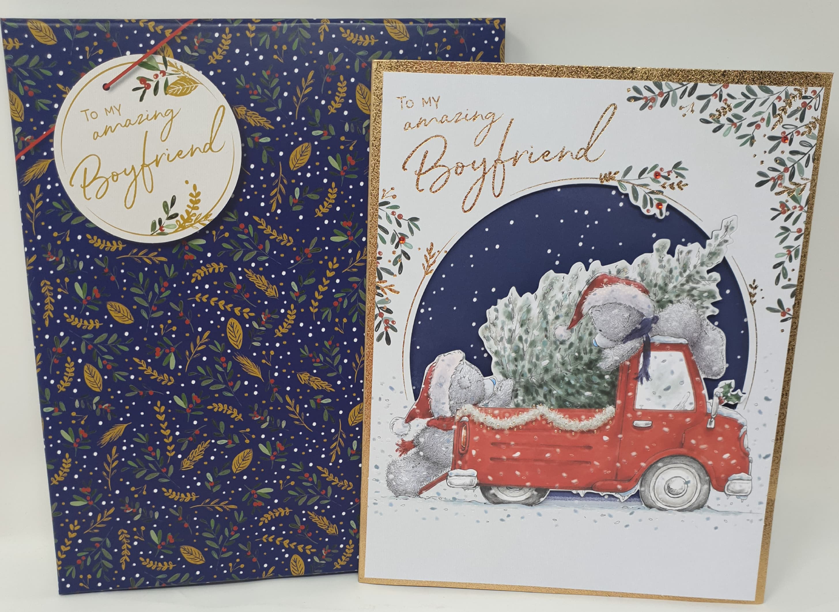 Boyfriend Christmas Card / Cute Bears Putting Tree on Trailer (Card In A Presentation Box)