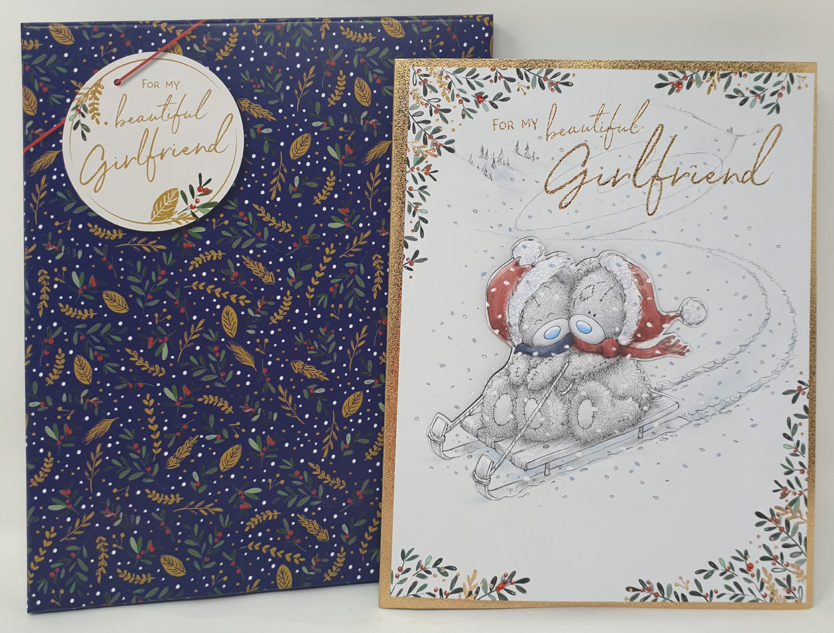 Girlfriend Christmas Card - Beautiful Girlfriend / Two Bears on Sled (Card In A Presentation Box)