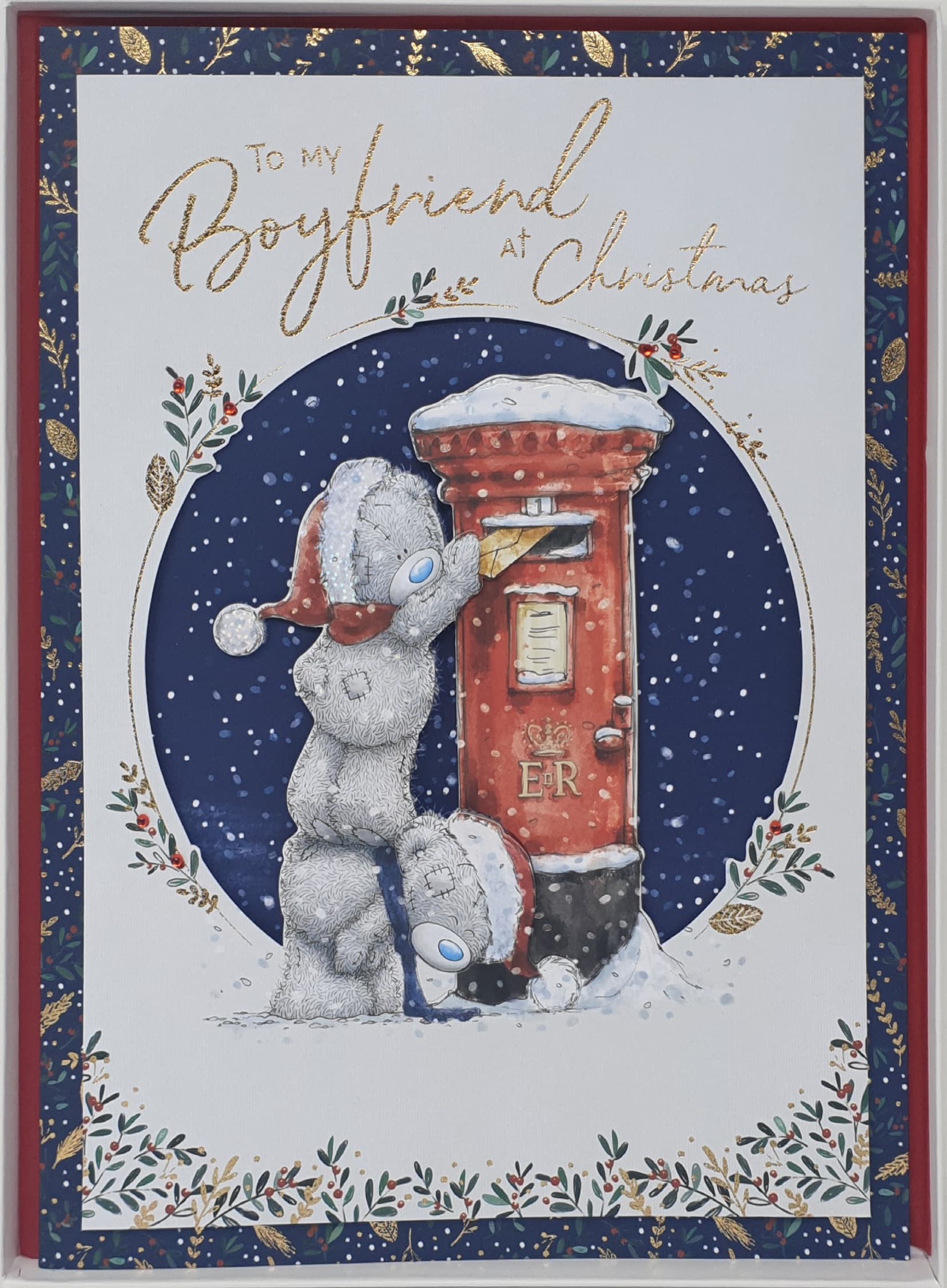 Fiancee Christmas Card / Teddy Bears Putting Letter Through Post Box (Card In A Presentation Box)
