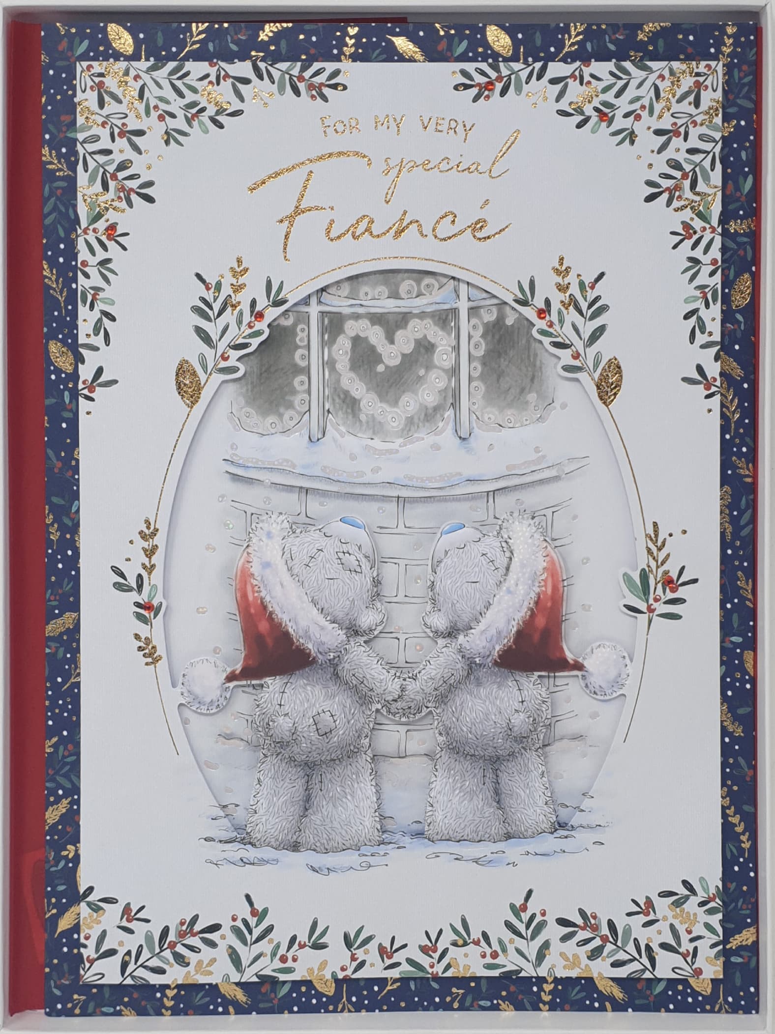 Fiancé Christmas Card / Teddy Bears Holding Hands Looking Through Window (Card In A Presentation Box)