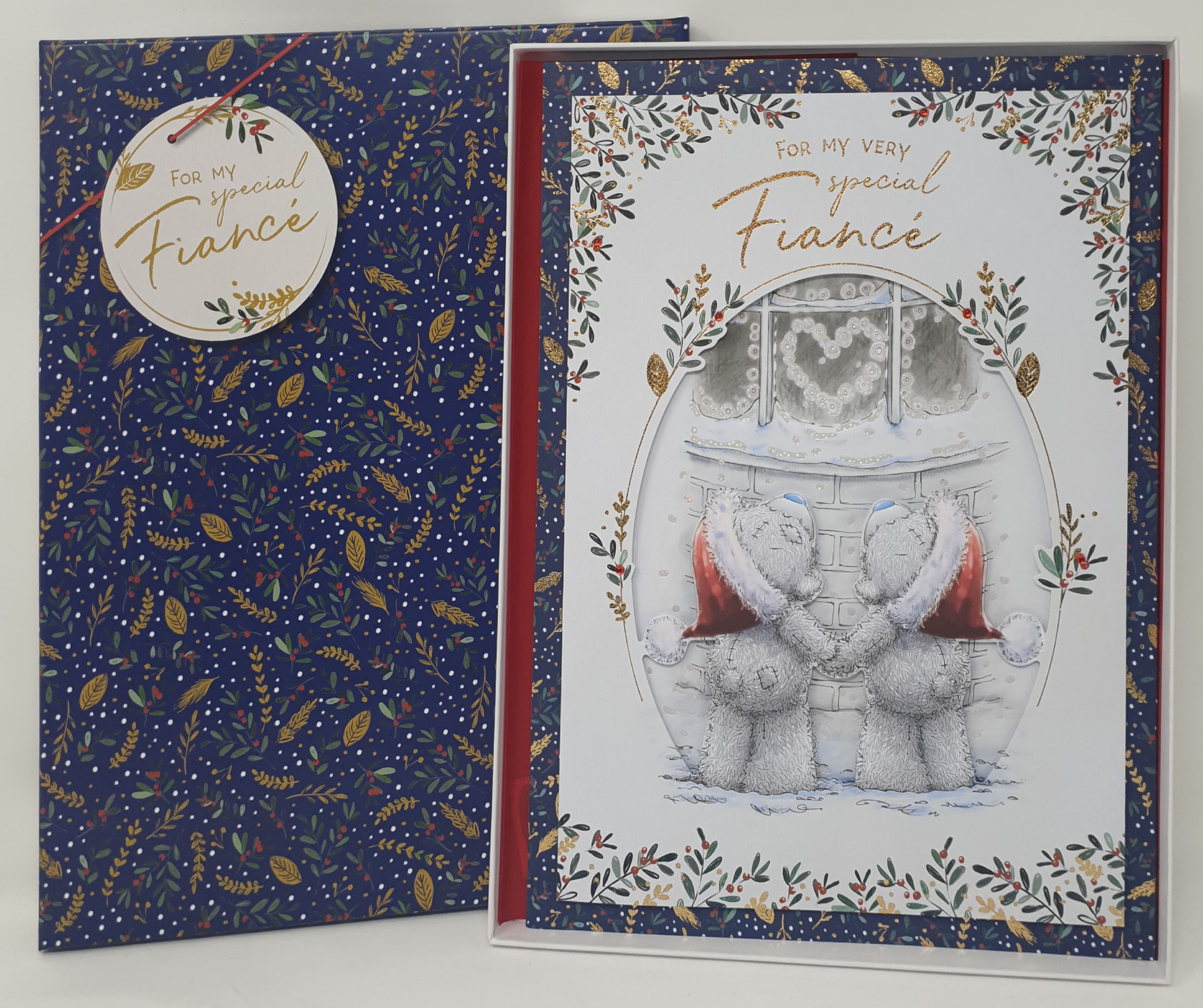 Fiancé Christmas Card / Teddy Bears Holding Hands Looking Through Window (Card In A Presentation Box)