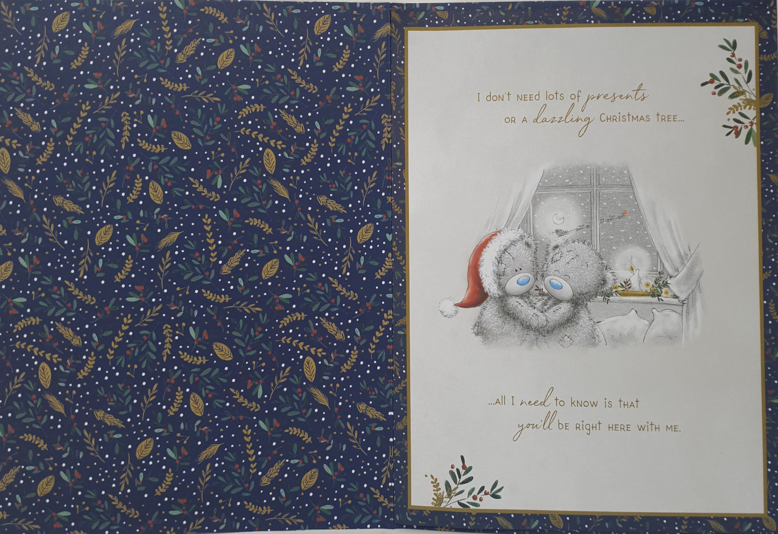 Fiancé Christmas Card / Teddy Bears Holding Hands Looking Through Window (Card In A Presentation Box)