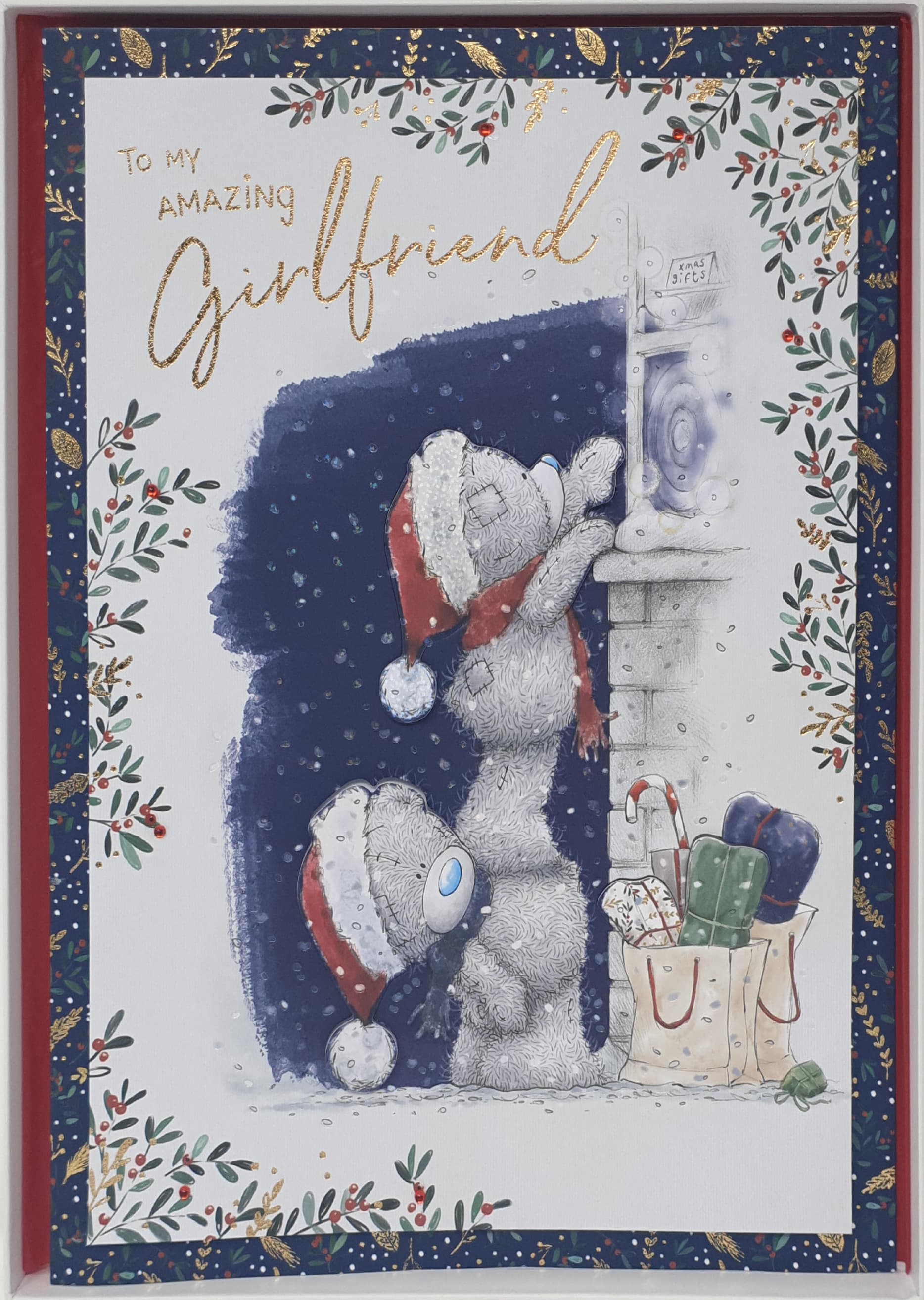 Girlfriend Christmas Card / Cute Bears Reaching for the Window (Card In A Presentation Box)