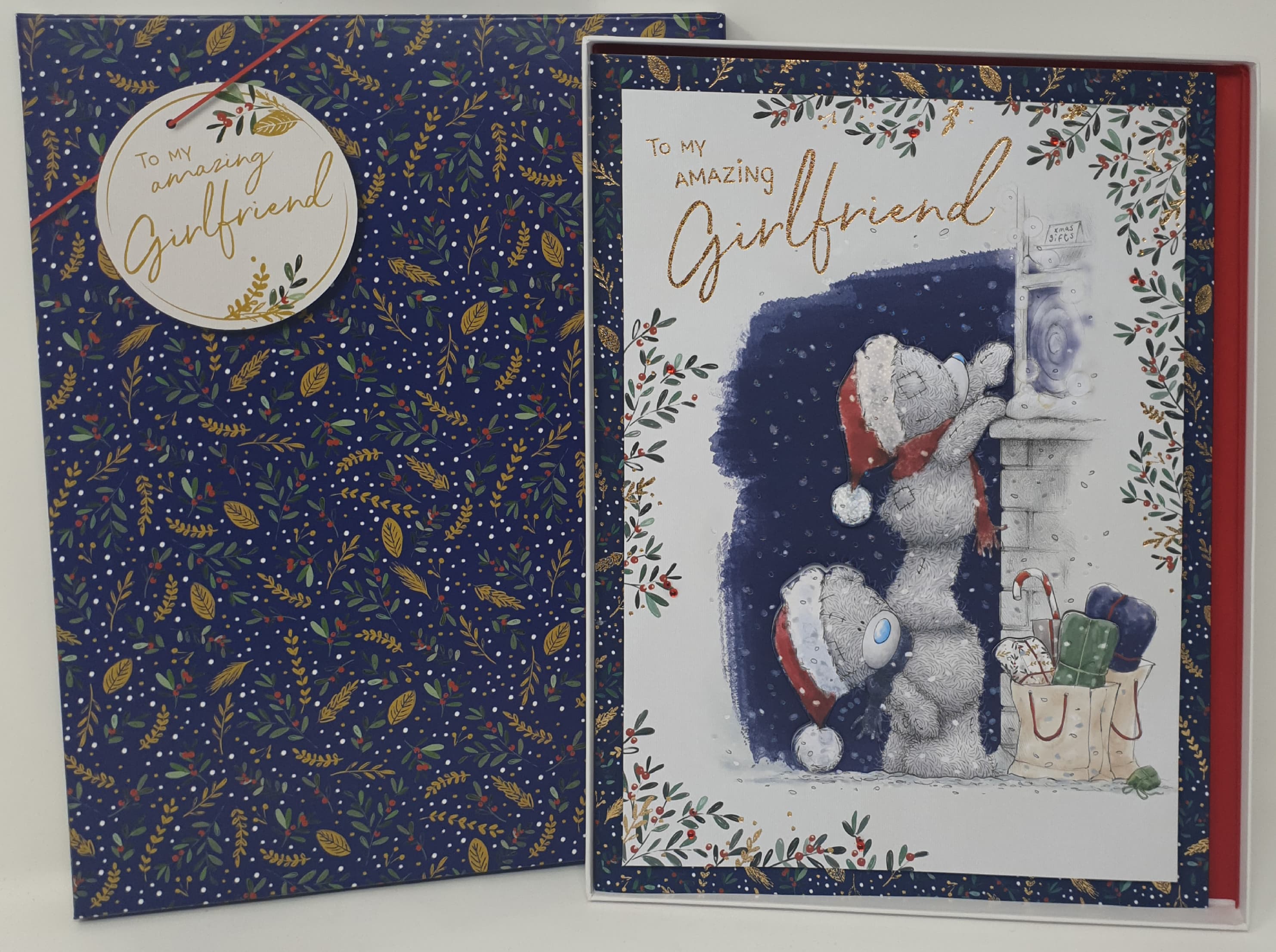 Girlfriend Christmas Card / Cute Bears Reaching for the Window (Card In A Presentation Box)