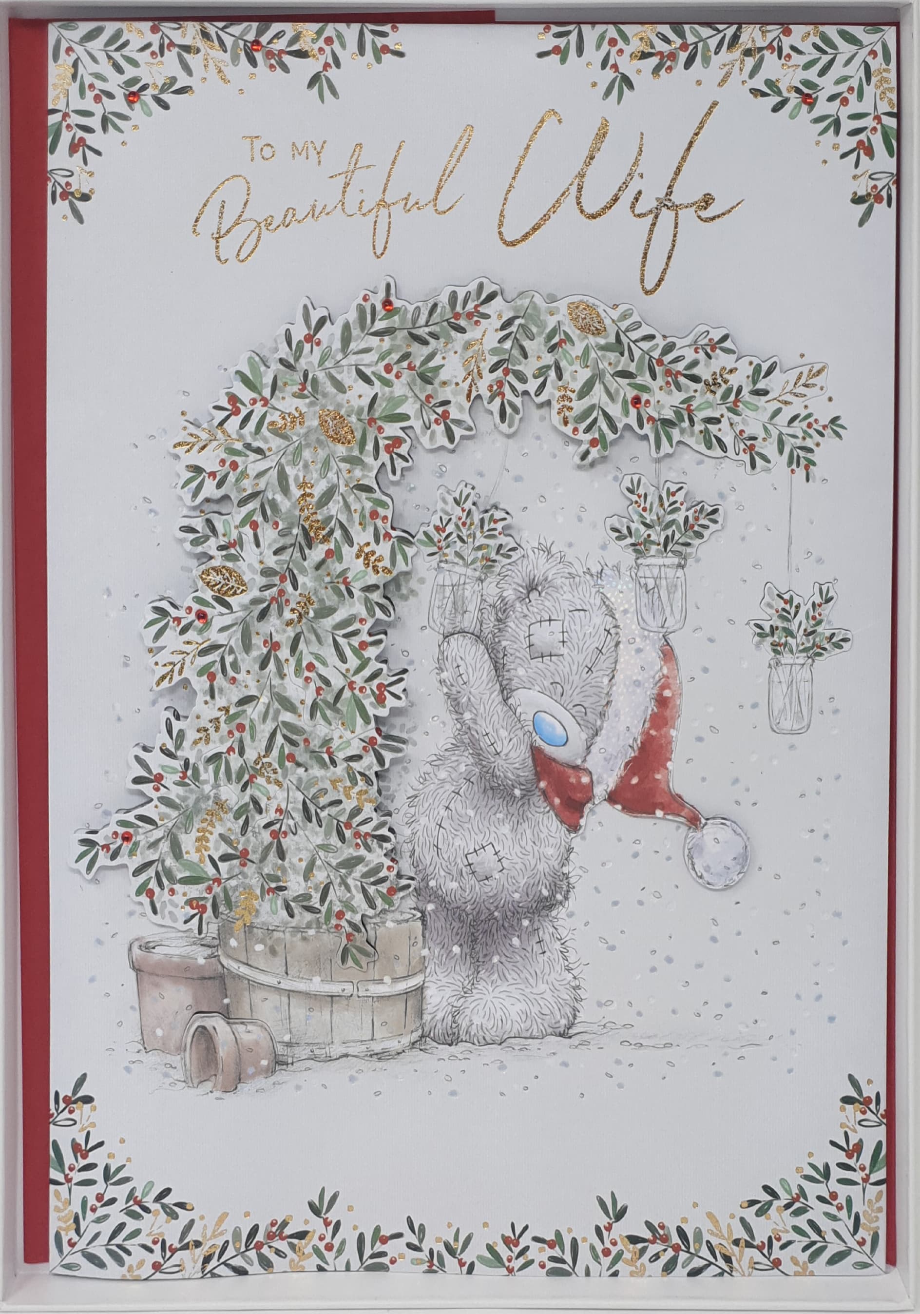 Wife Christmas Card / Teddy Bear Reaching to Decorate (Card In A Presentation Box)