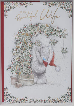 Wife Christmas Card / Teddy Bear Reaching to Decorate (Card In A Presentation Box)