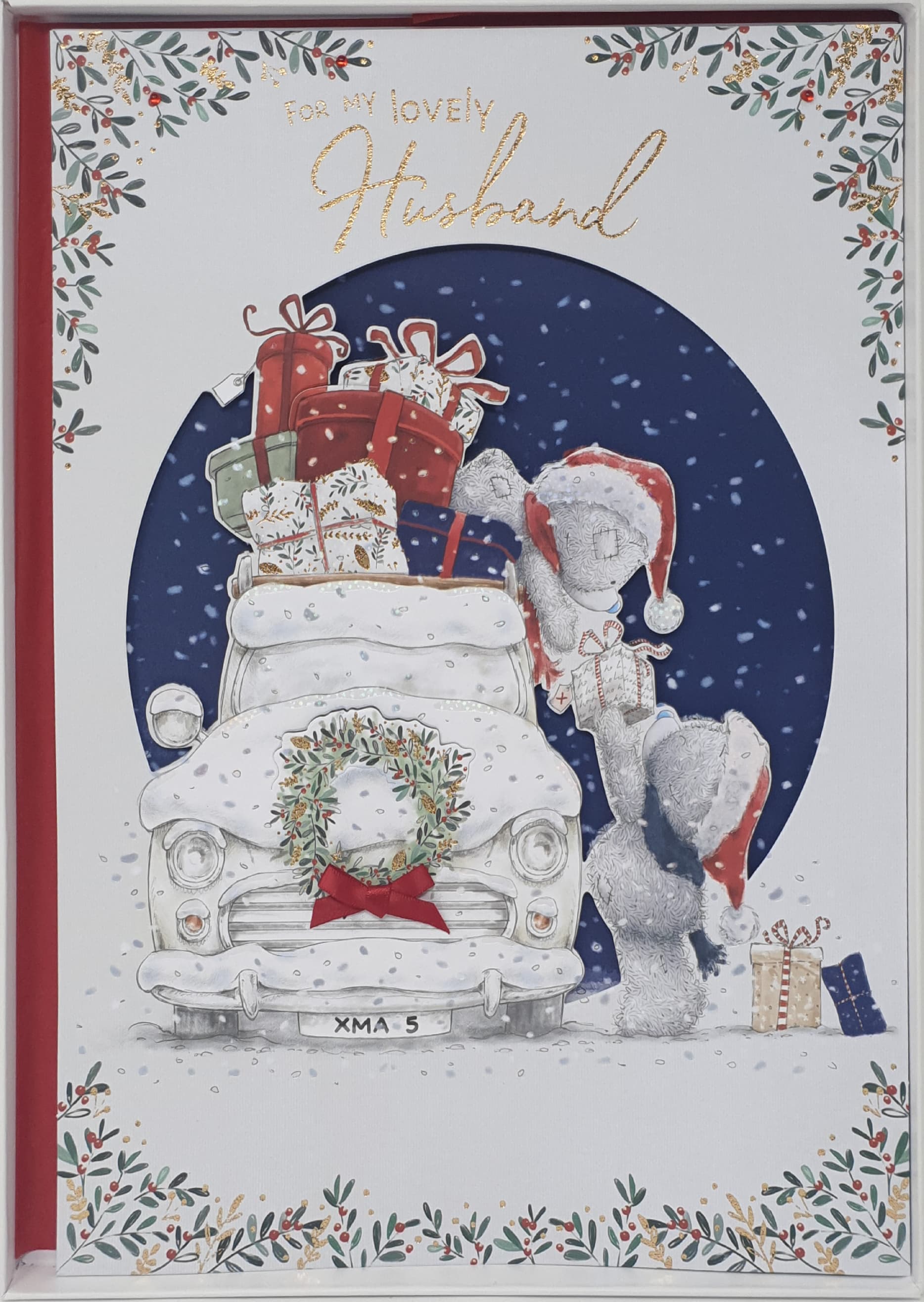 Husband Christmas Card / Cute Bears Putting Presents on Car (Card In A Presentation Box)