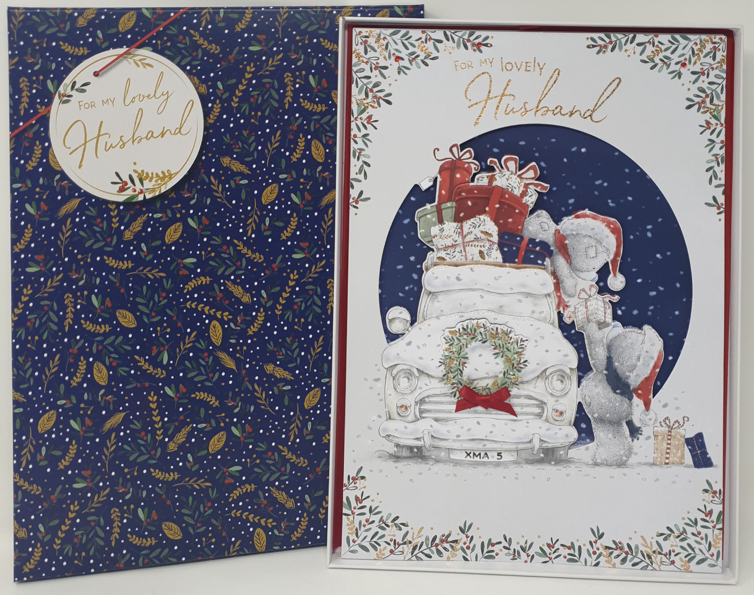 Husband Christmas Card / Cute Bears Putting Presents on Car (Card In A Presentation Box)