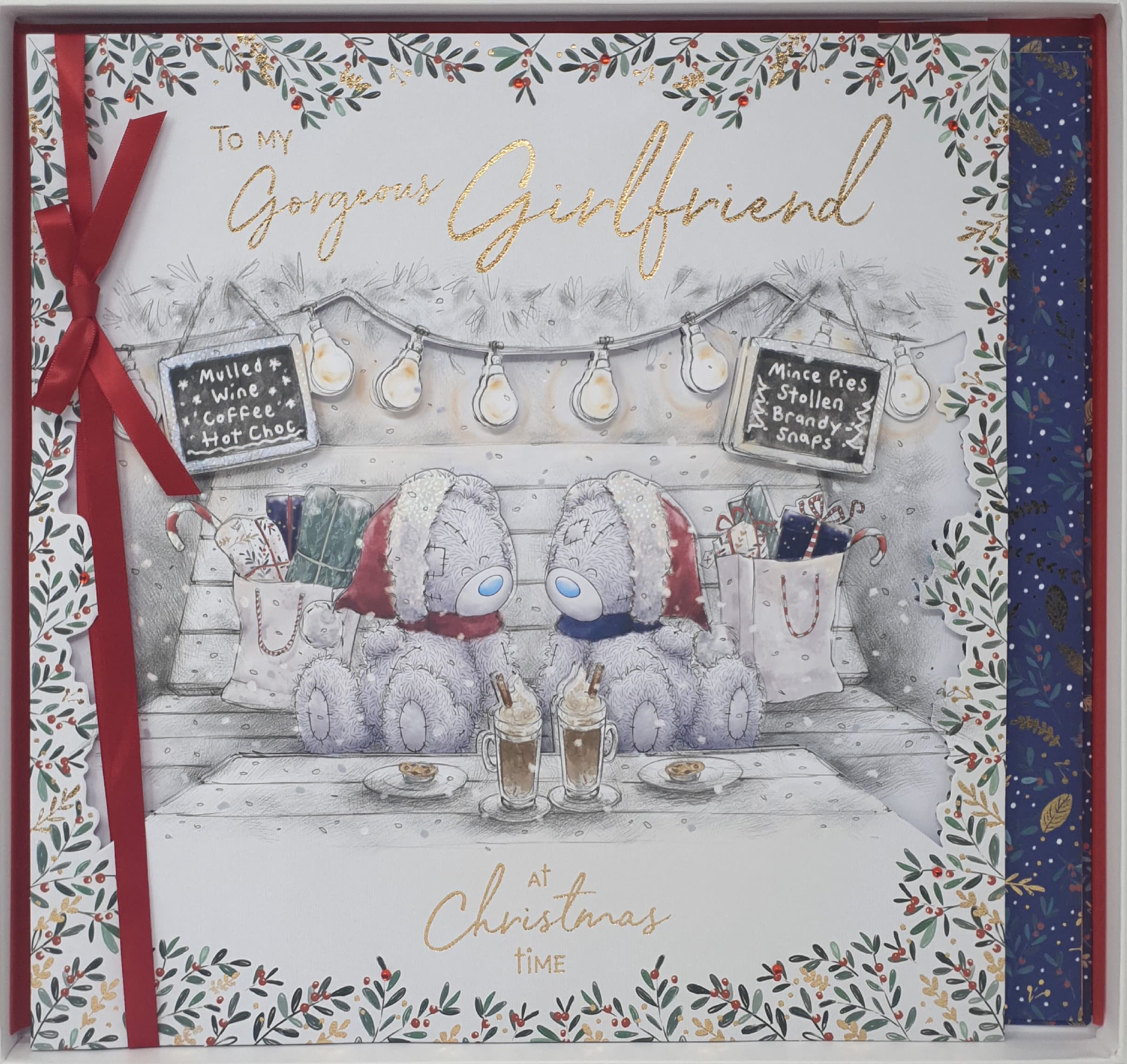 Girlfriend Christmas Card / Teddy Bears with Hot Chocolate (Card In A Presentation Box)