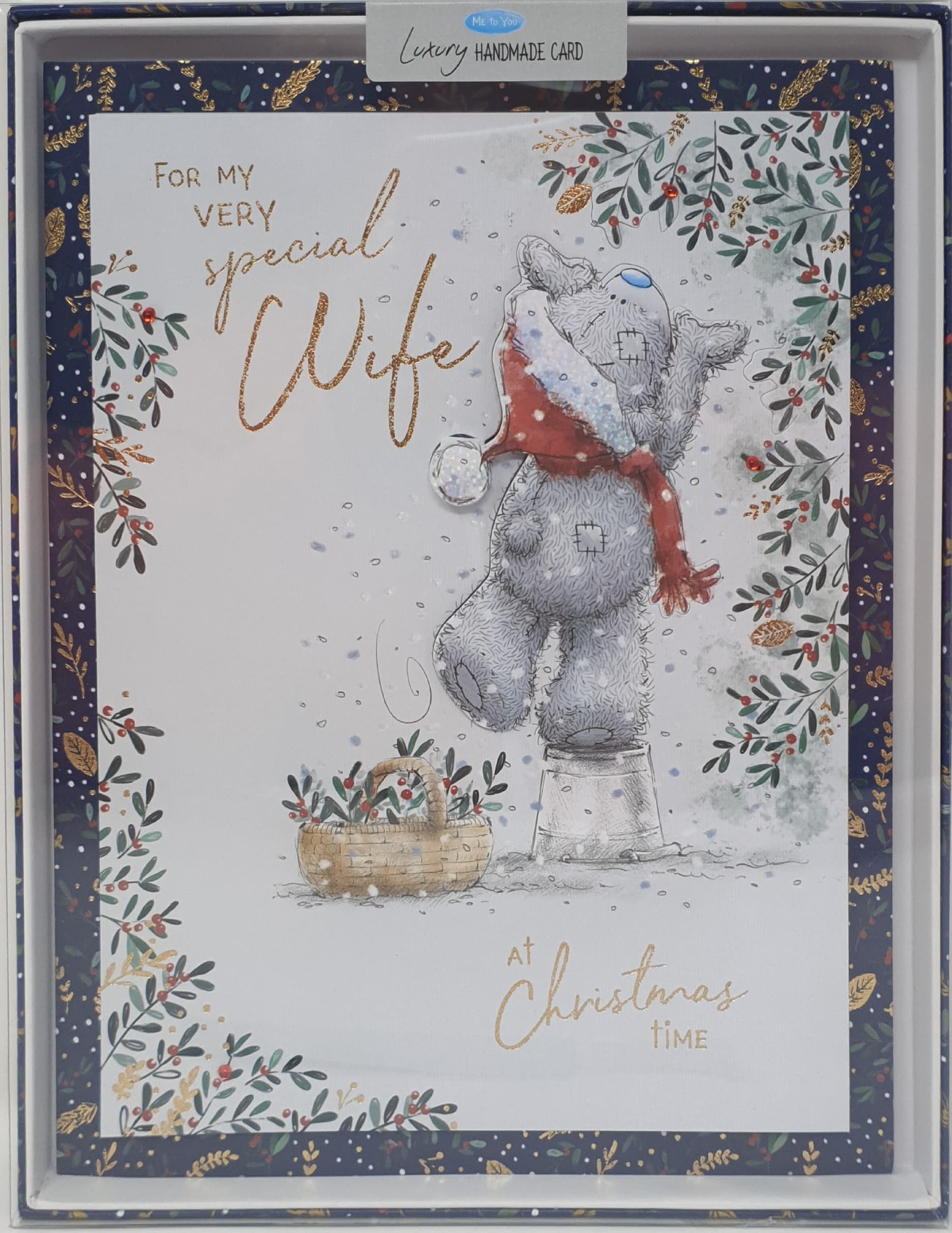 Wife Christmas Card - Very Special Wife / Cute Teddy Bear Reaching for Berries (Card In A Presentation Box)