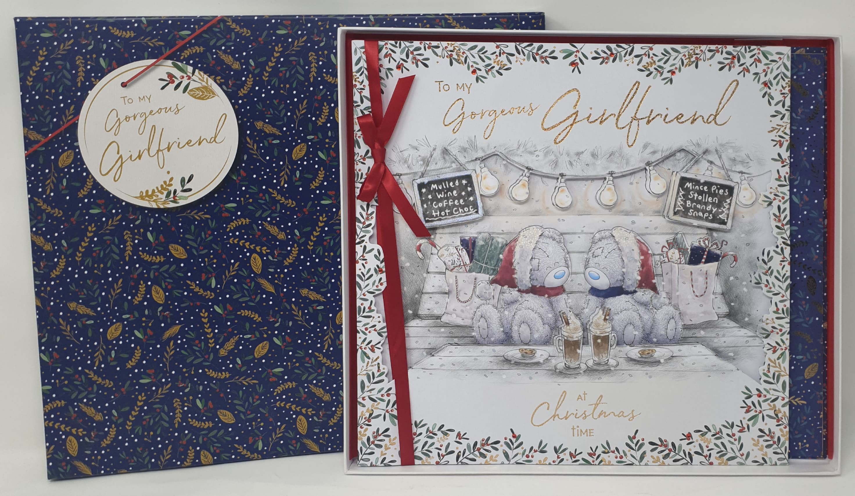 Girlfriend Christmas Card / Teddy Bears with Hot Chocolate (Card In A Presentation Box)