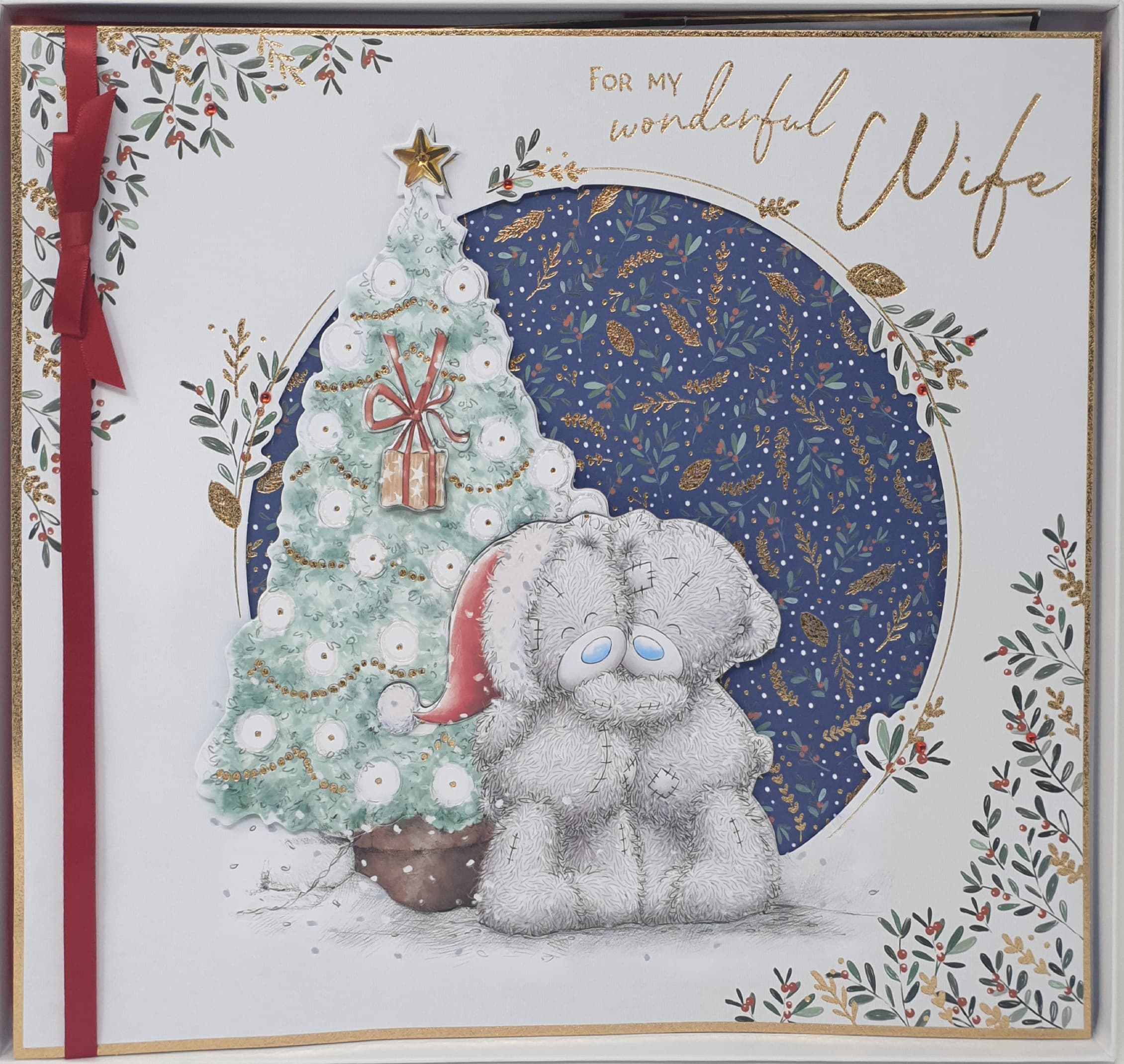 Wife Christmas Card / Cute Bears Hugging Beside Christmas Tree (Card In A Presentation Box)
