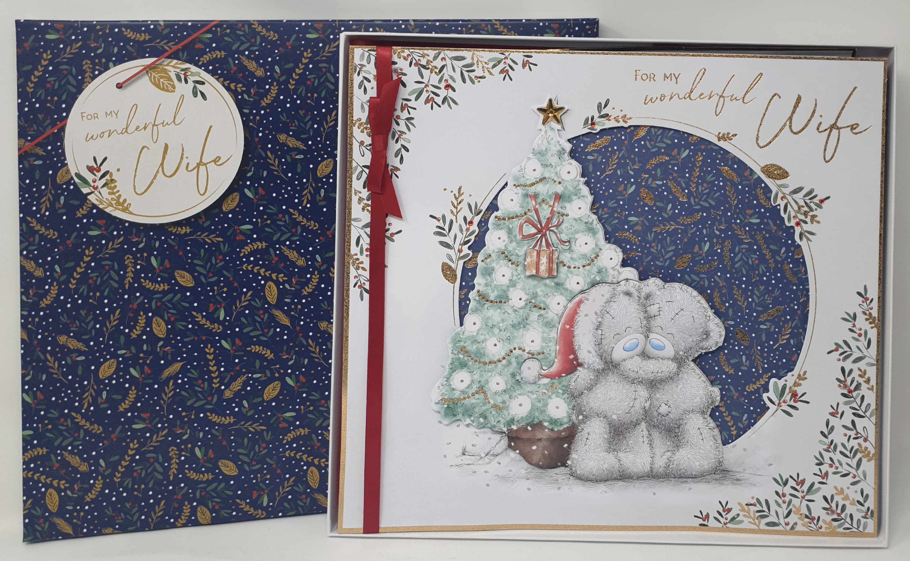 Wife Christmas Card / Cute Bears Hugging Beside Christmas Tree (Card In A Presentation Box)