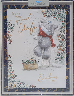 Wife Christmas Card - Very Special Wife / Cute Teddy Bear Reaching for Berries (Card In A Presentation Box)