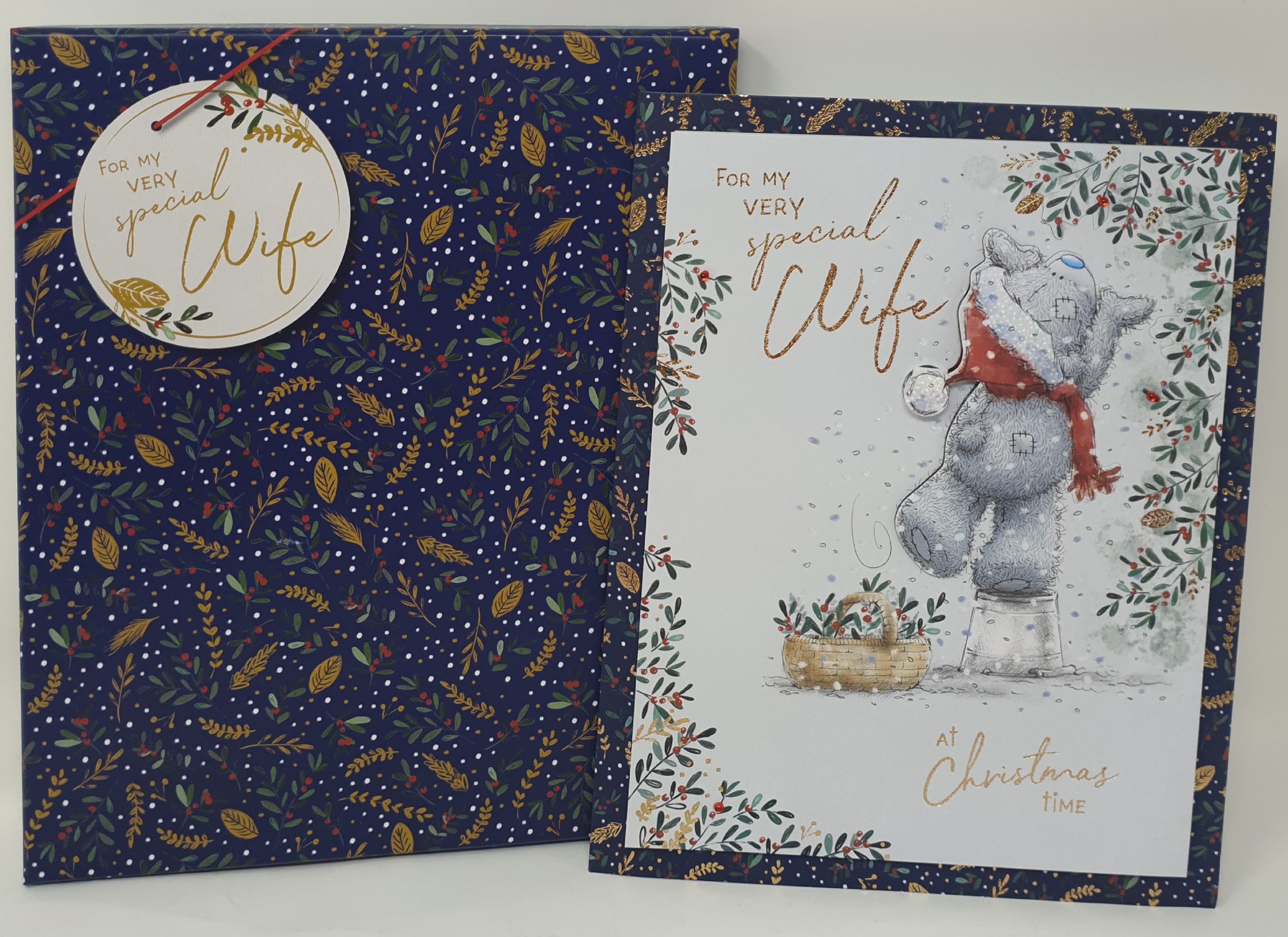 Wife Christmas Card - Very Special Wife / Cute Teddy Bear Reaching for Berries (Card In A Presentation Box)