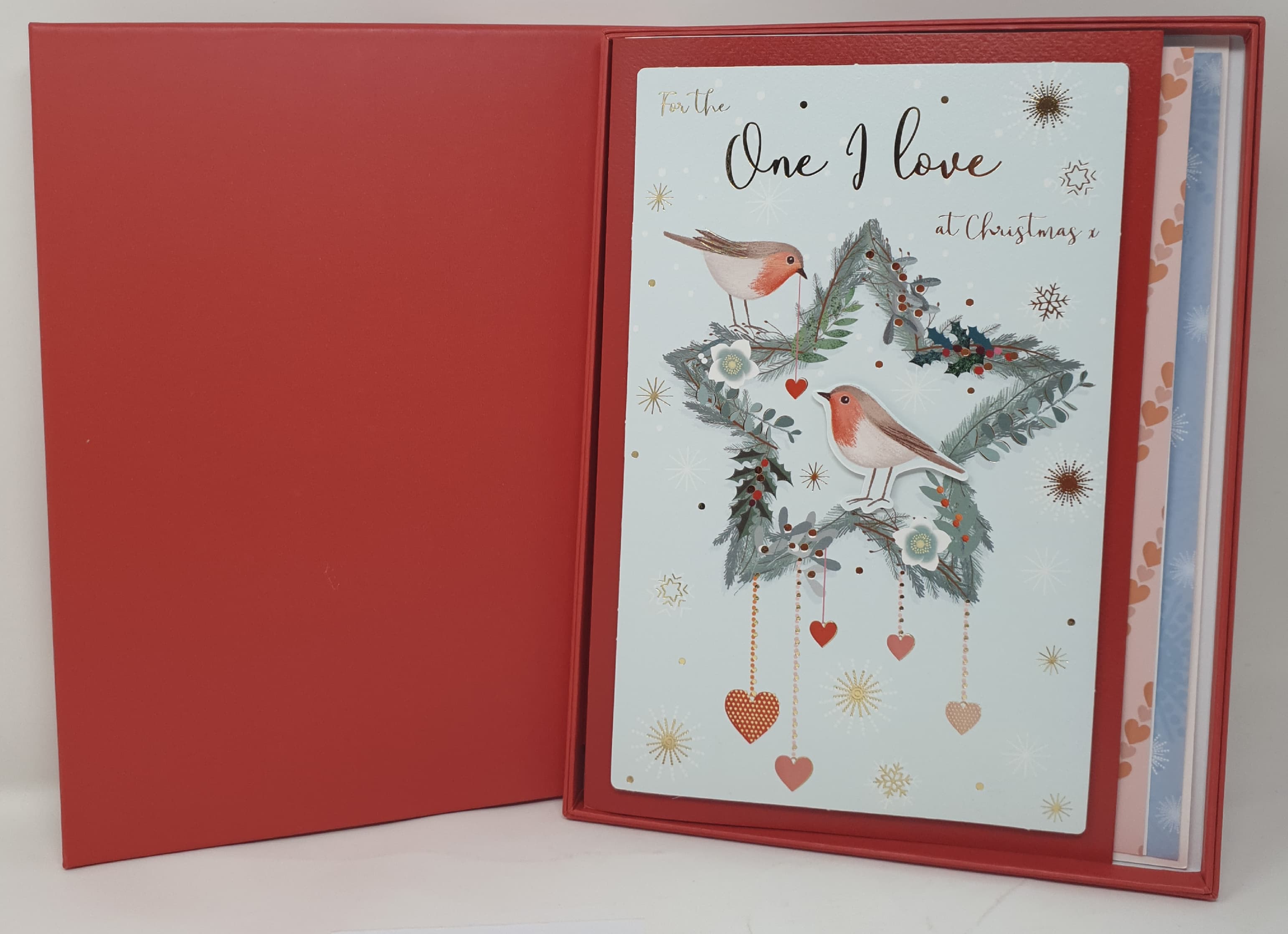 One I Love Christmas Card - Robins on Silver Star & Hearts (Card In A Presentation Box)
