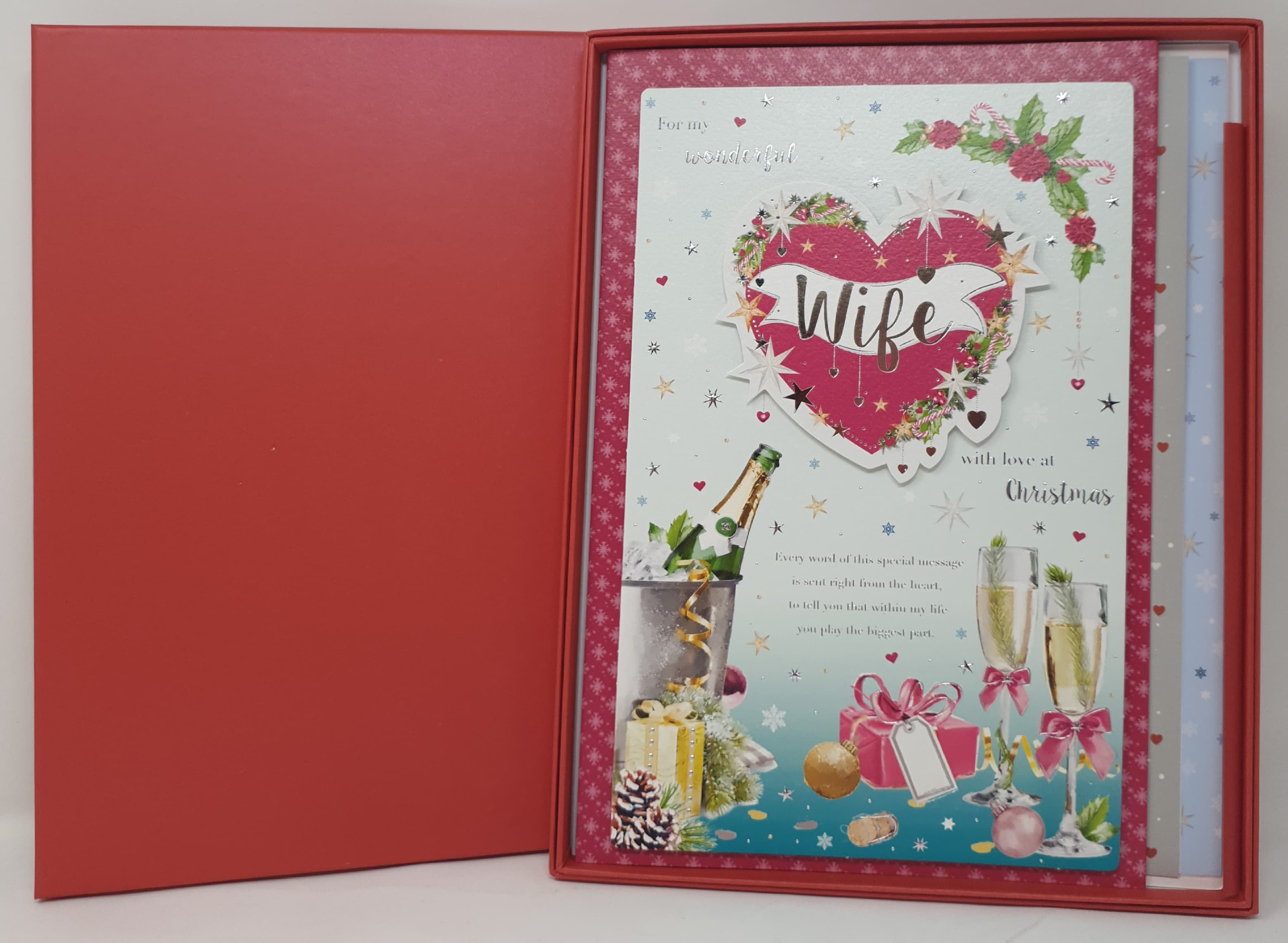 Wife Christmas Card - Champagne Glasses, Red Heart & Decorations (Card In A Presentation Box)