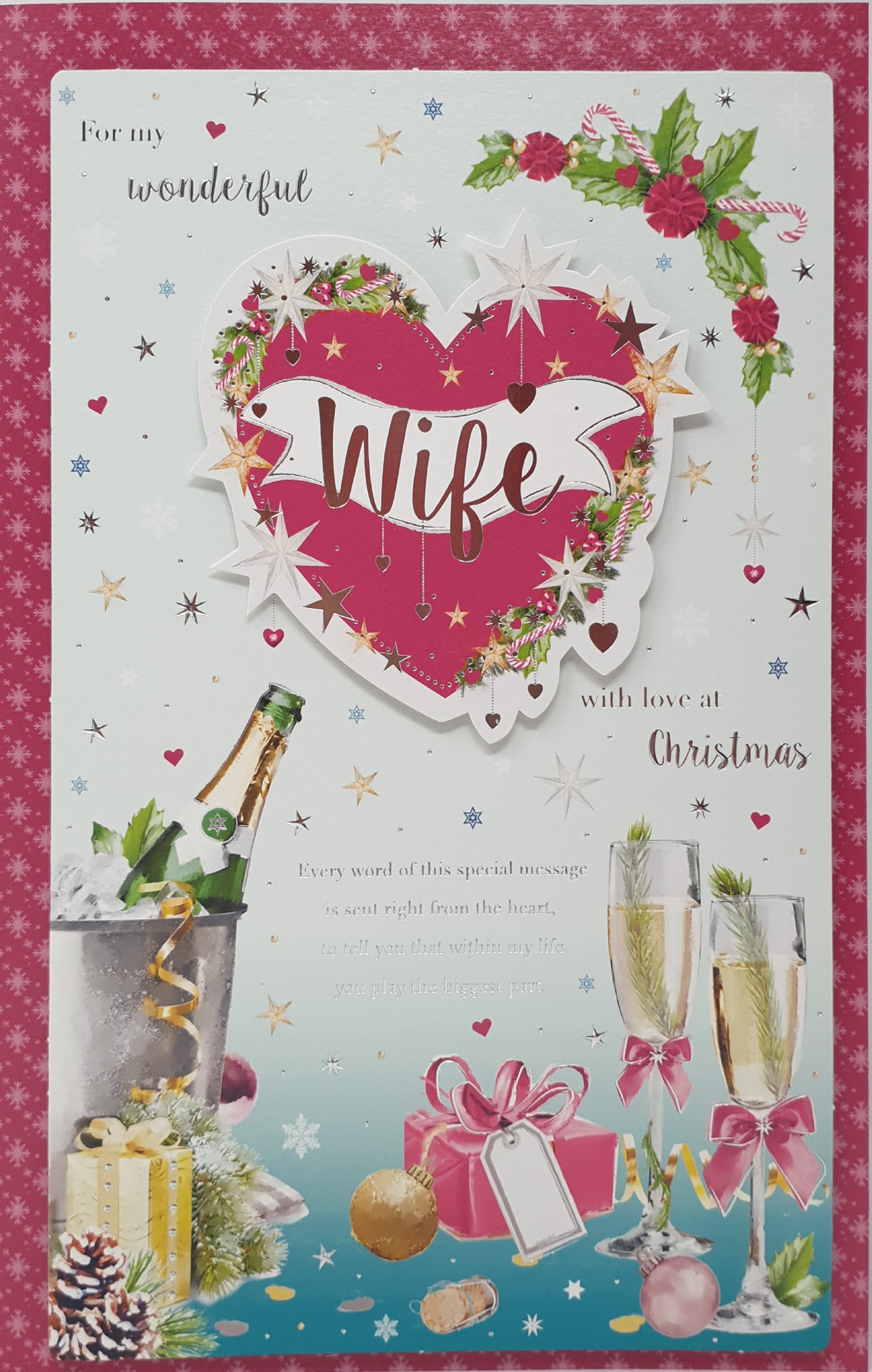 Wife Christmas Card - Champagne Glasses, Red Heart & Decorations (Card In A Presentation Box)