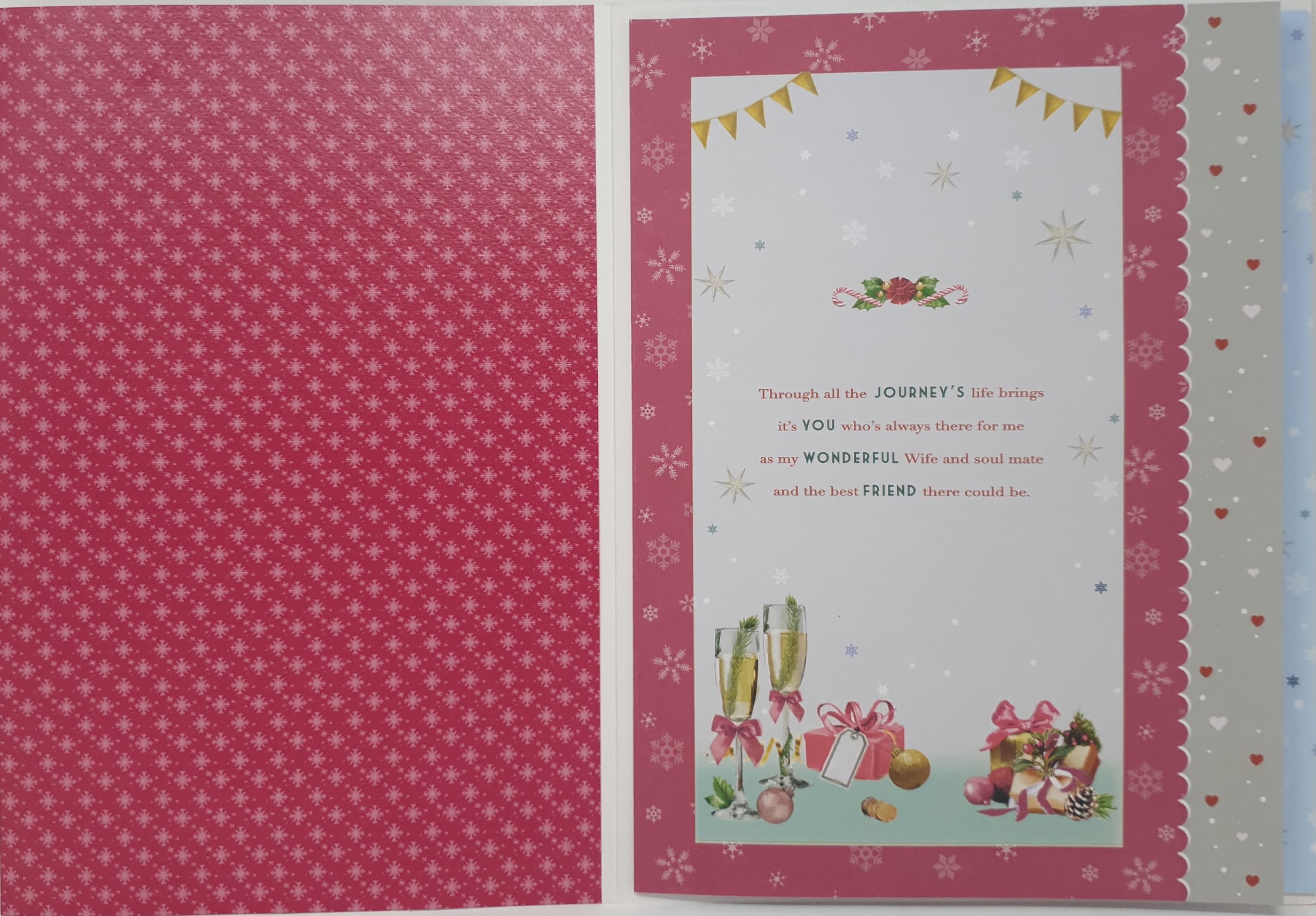 Wife Christmas Card - Champagne Glasses, Red Heart & Decorations (Card In A Presentation Box)