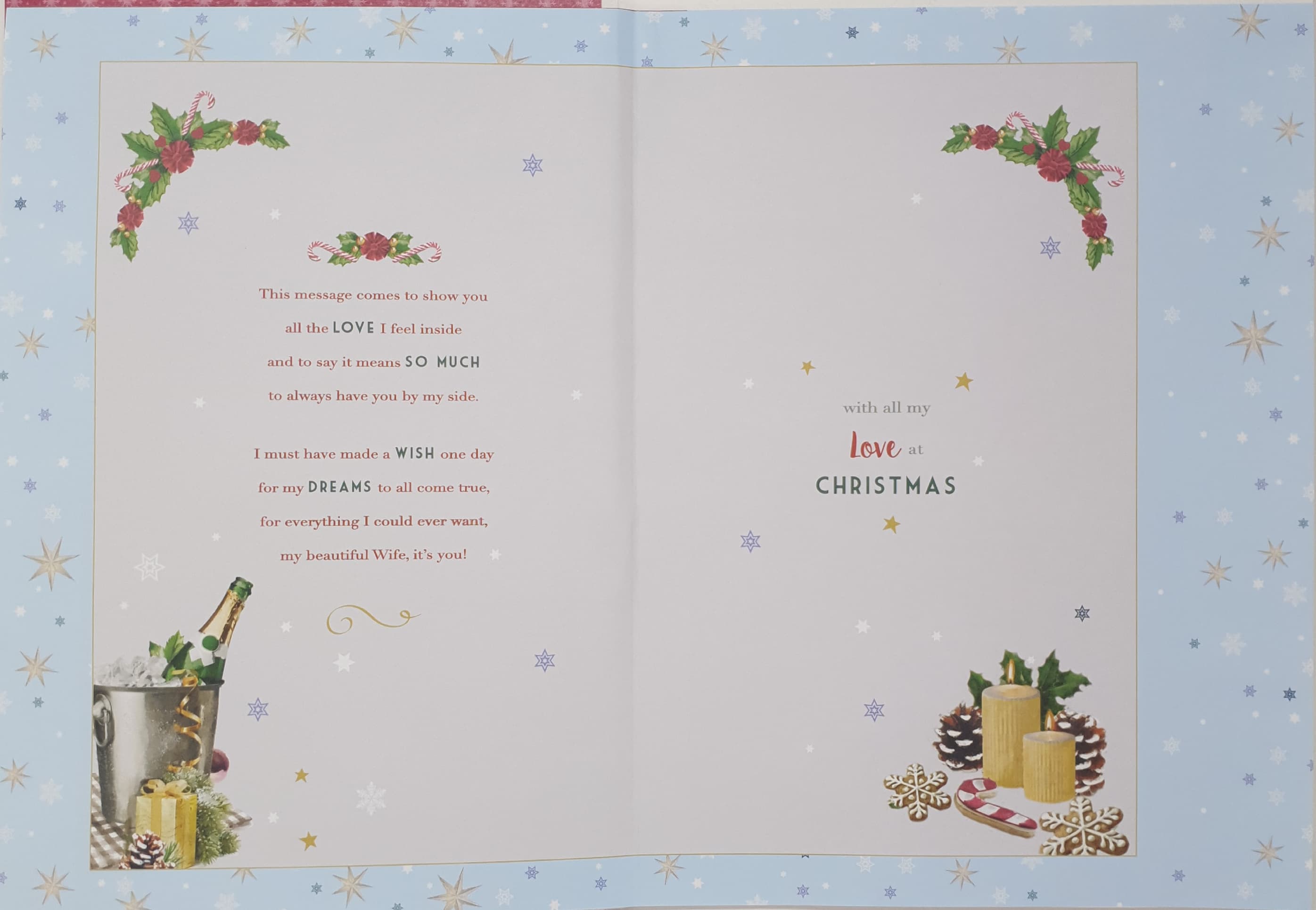 Wife Christmas Card - Champagne Glasses, Red Heart & Decorations (Card In A Presentation Box)
