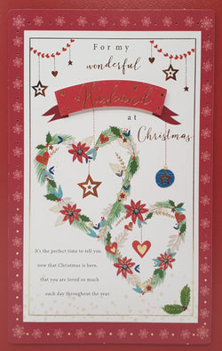 Husband Christmas Card - Two Heart Wreaths & Flowers (Card In A Presentation Box)