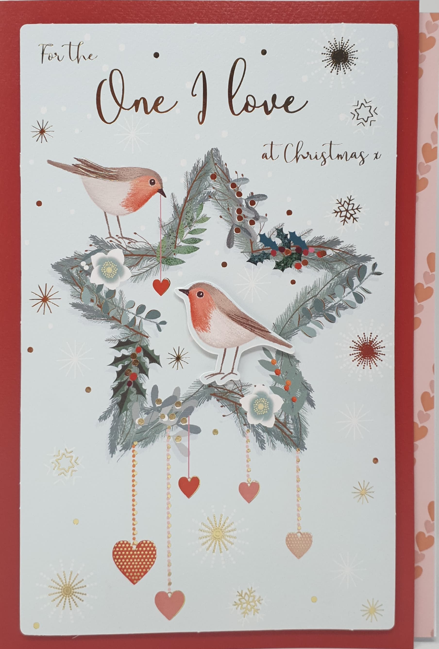 One I Love Christmas Card - Robins on Silver Star & Hearts (Card In A Presentation Box)
